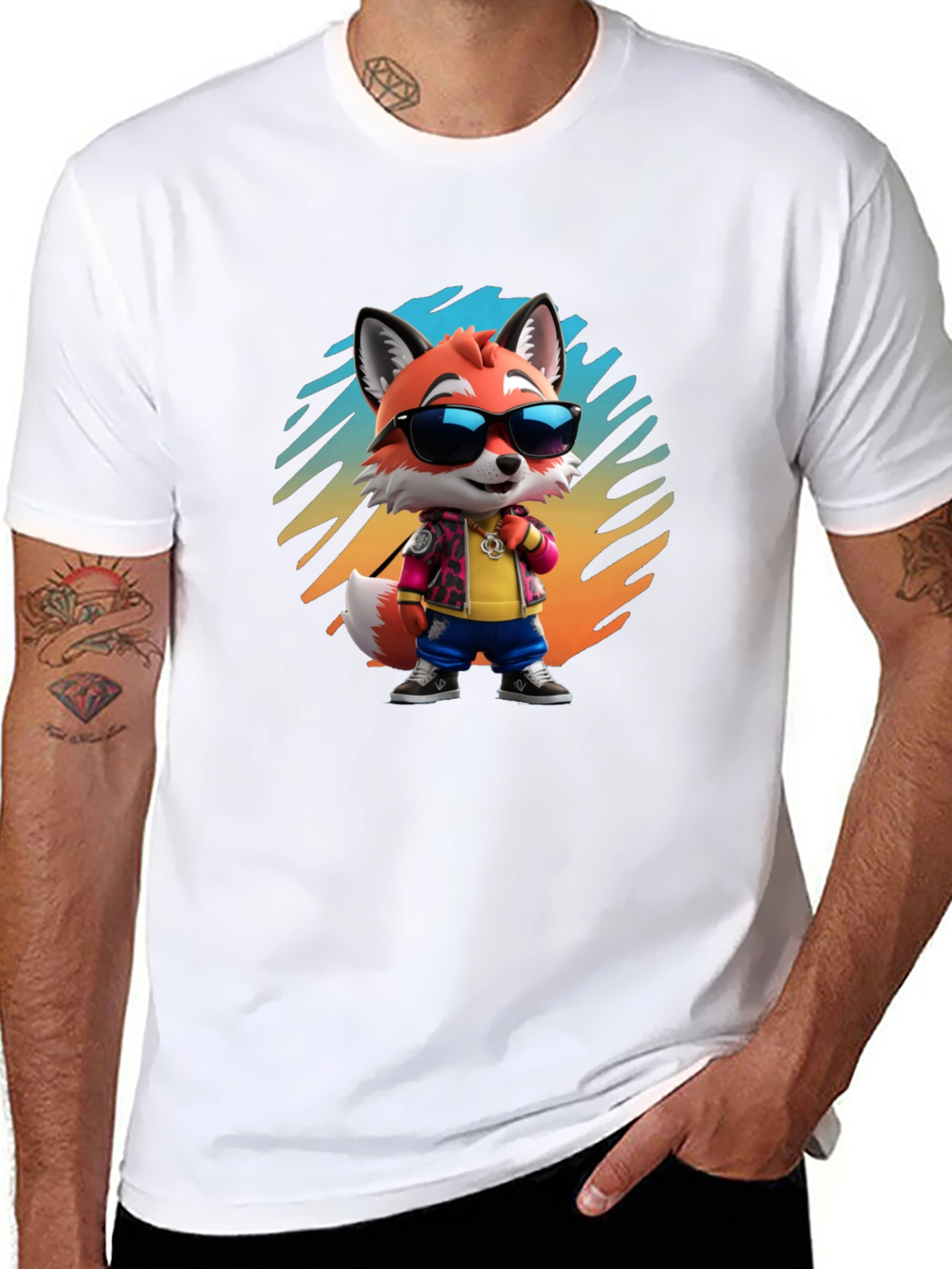 Black Cool Cartoon Fox T-Shirt - Black Cotton Tee view 8