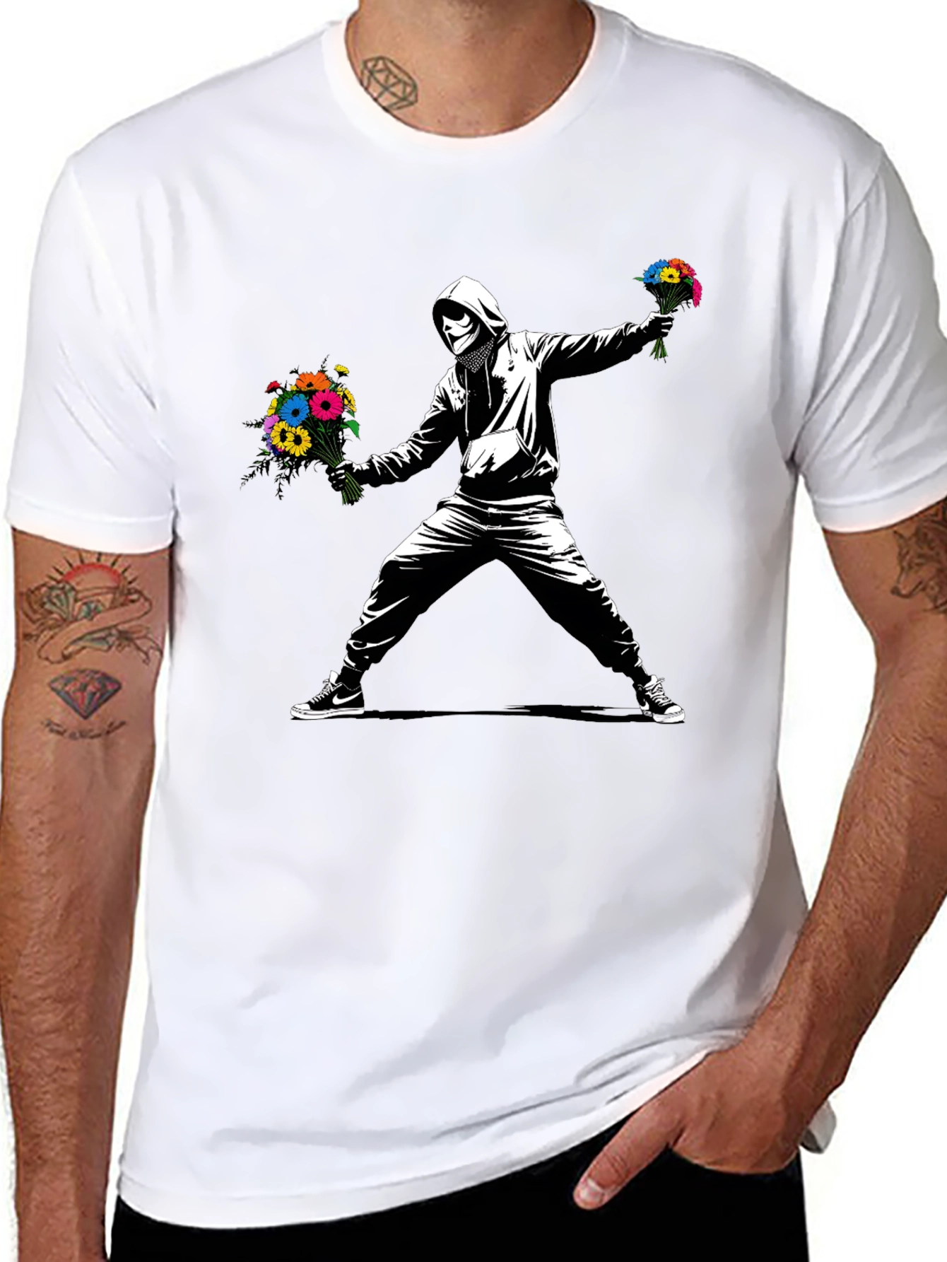 Black Banksy Flower Bomber T-Shirt - Street Art Graphic Tee view 8