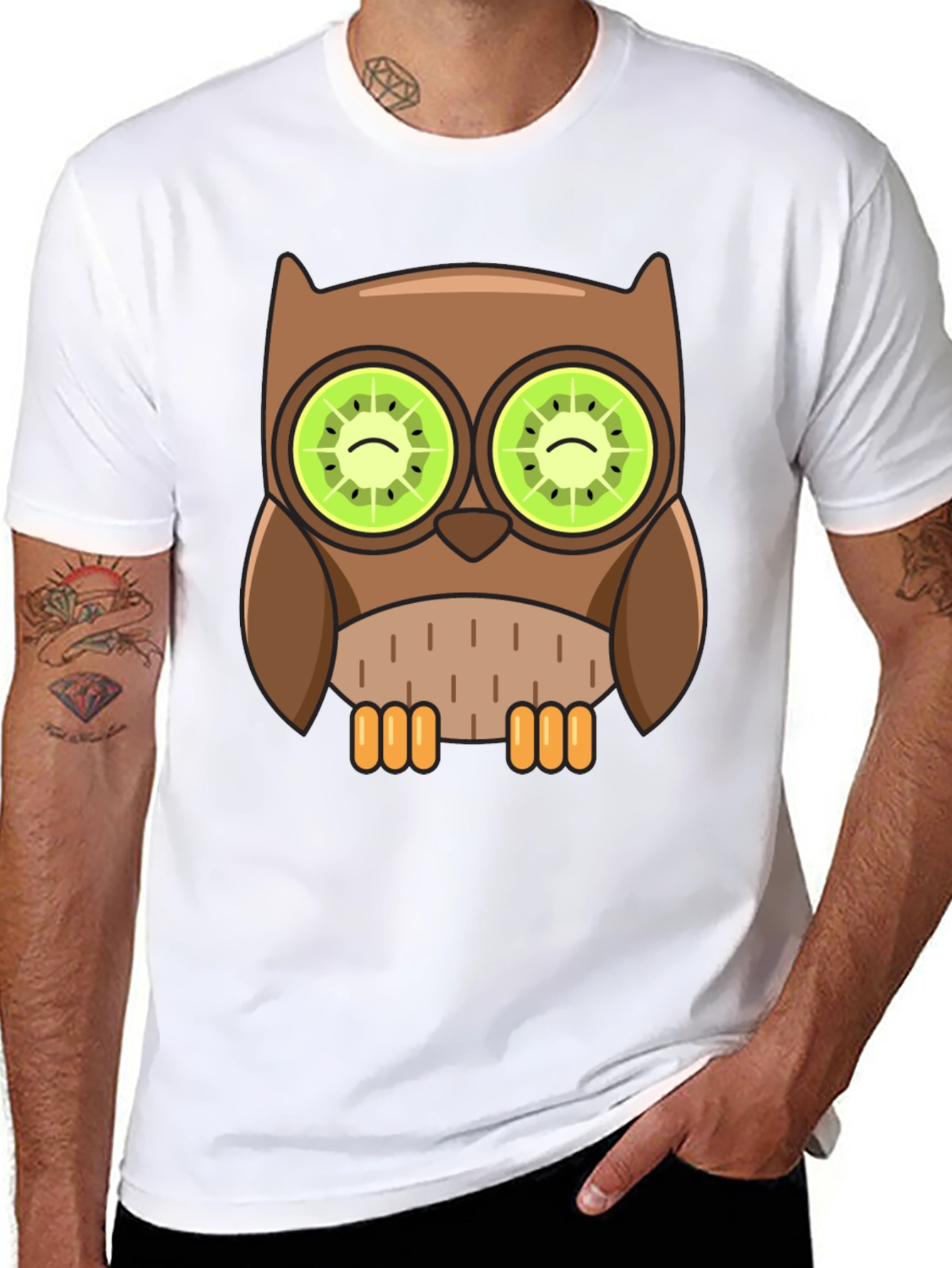 Black Whimsical Owl T-Shirt with Kiwi Eyes Design view 8