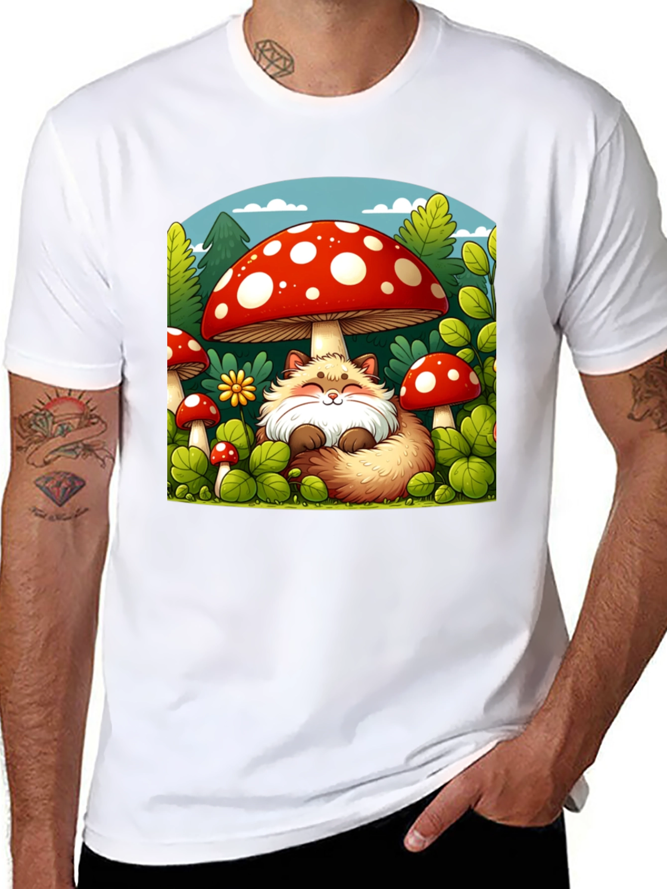 Black Whimsical Fox & Mushroom Graphic T-Shirt view 8