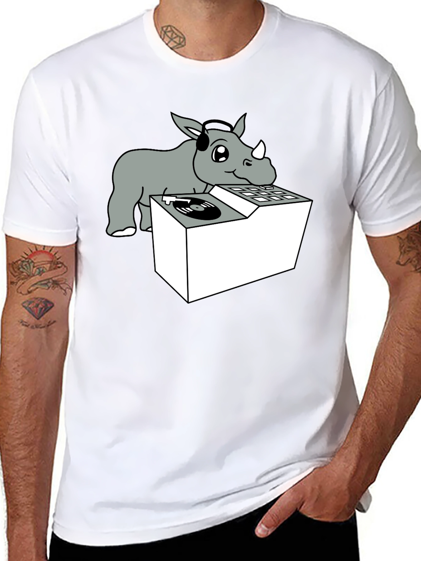 Black DJ Rhino Graphic Tee - Music Lover Shirt view 8