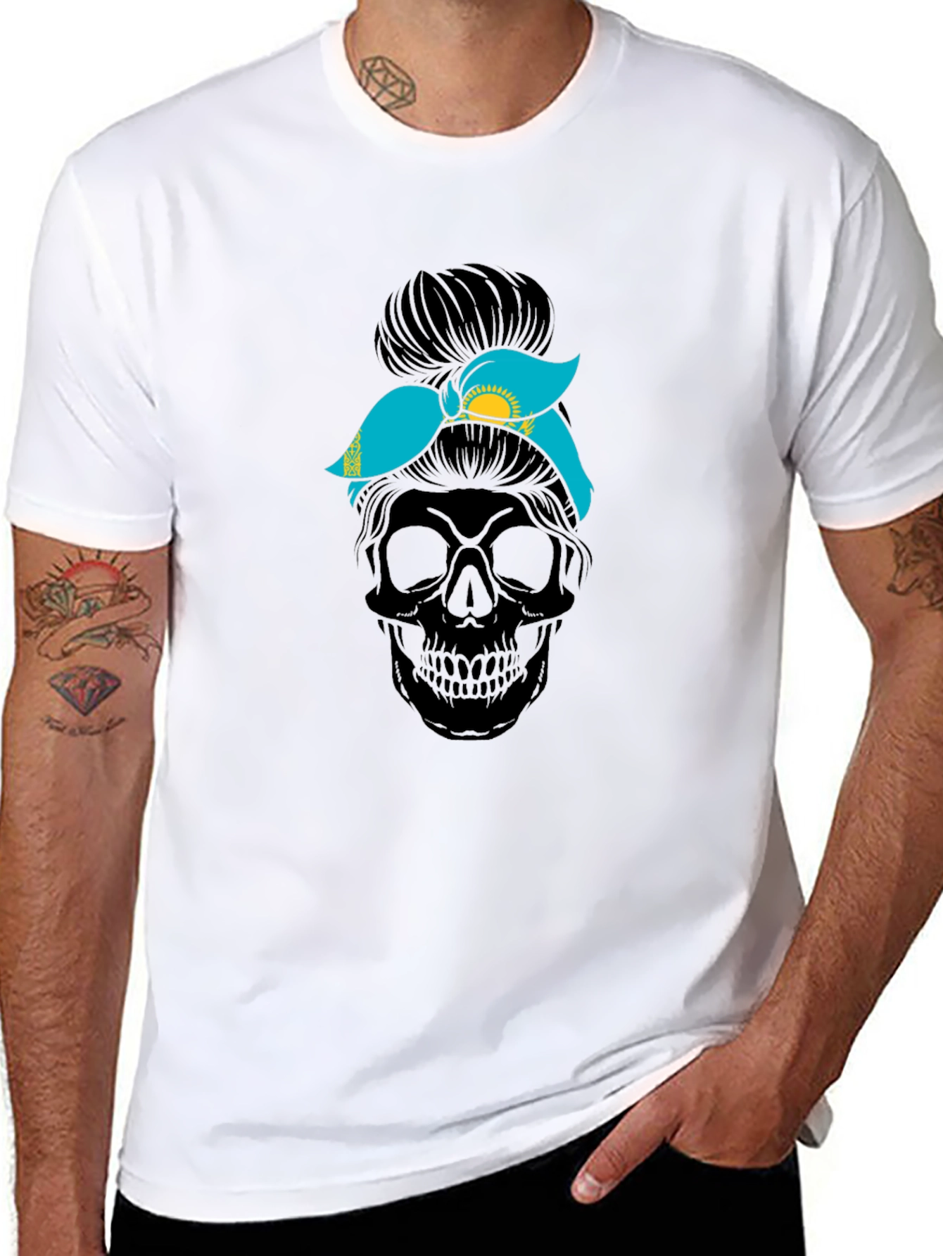 Skull Messy Bun Kazakhstan Flag T-Shirt - 8