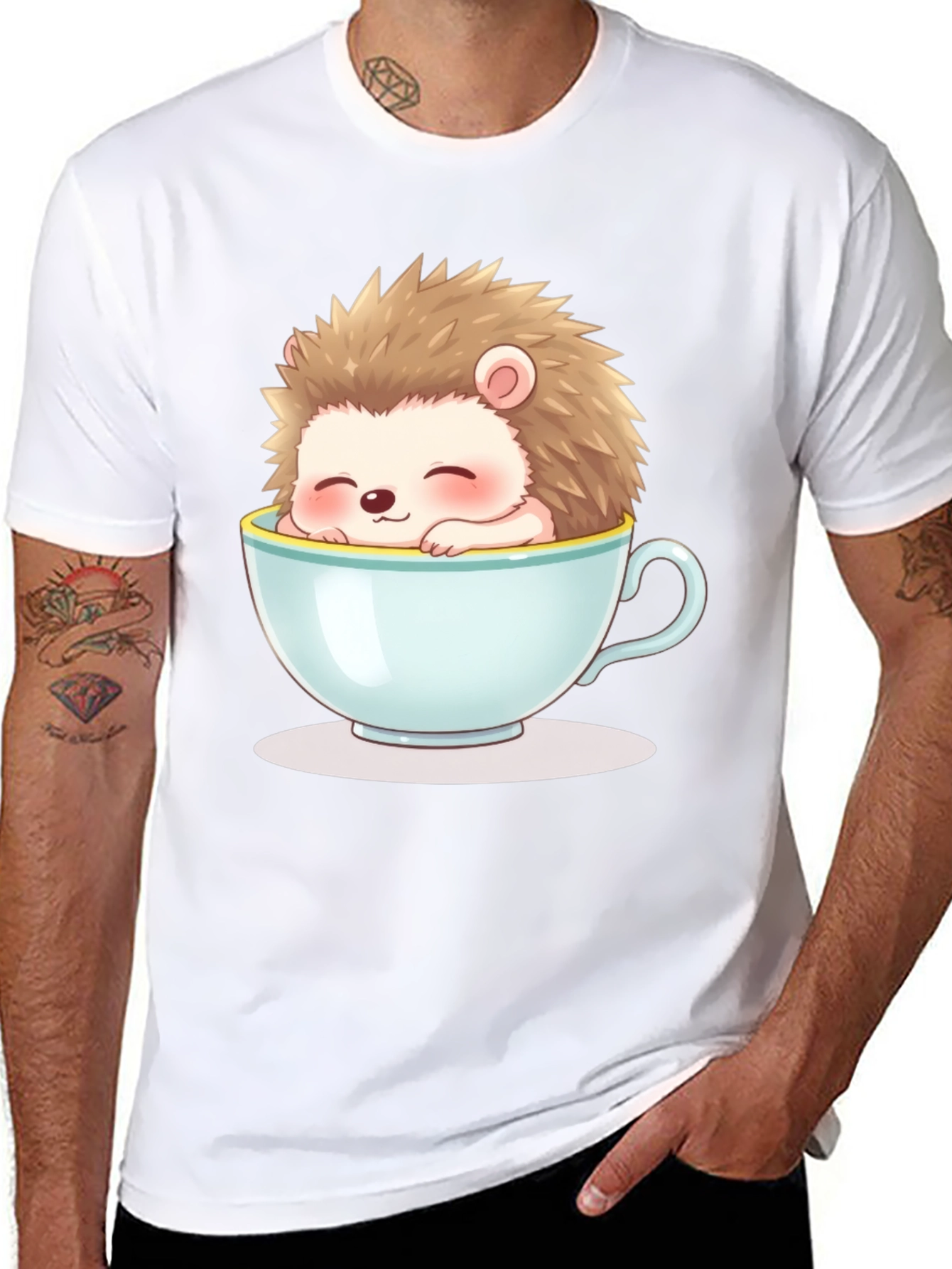 Black Cute Hedgehog in Teacup Graphic Tee - Unisex view 8