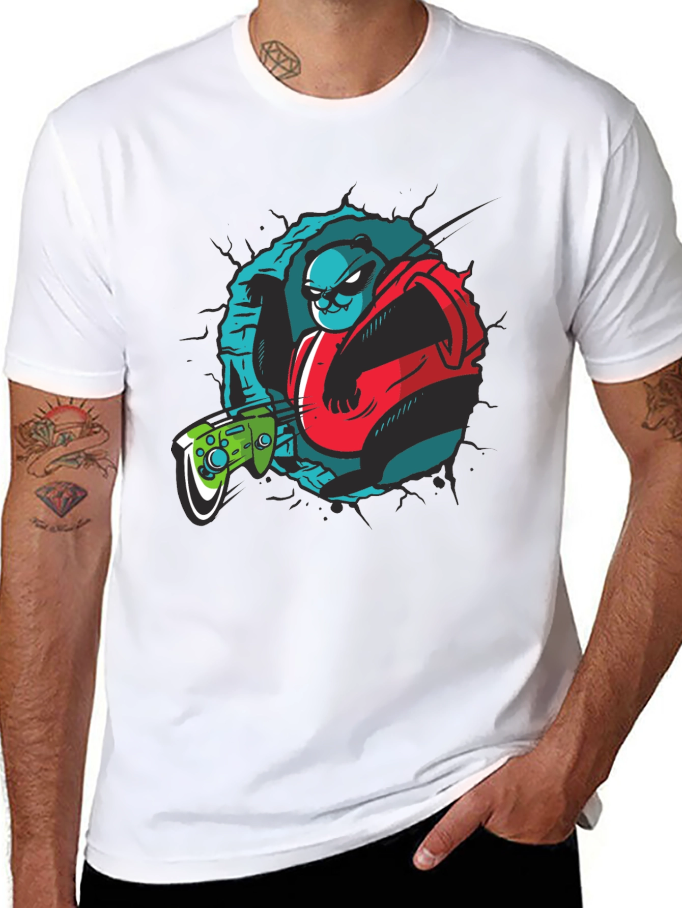 Black Gamer Panda Graphic Tee - Black Cotton T-Shirt view 8