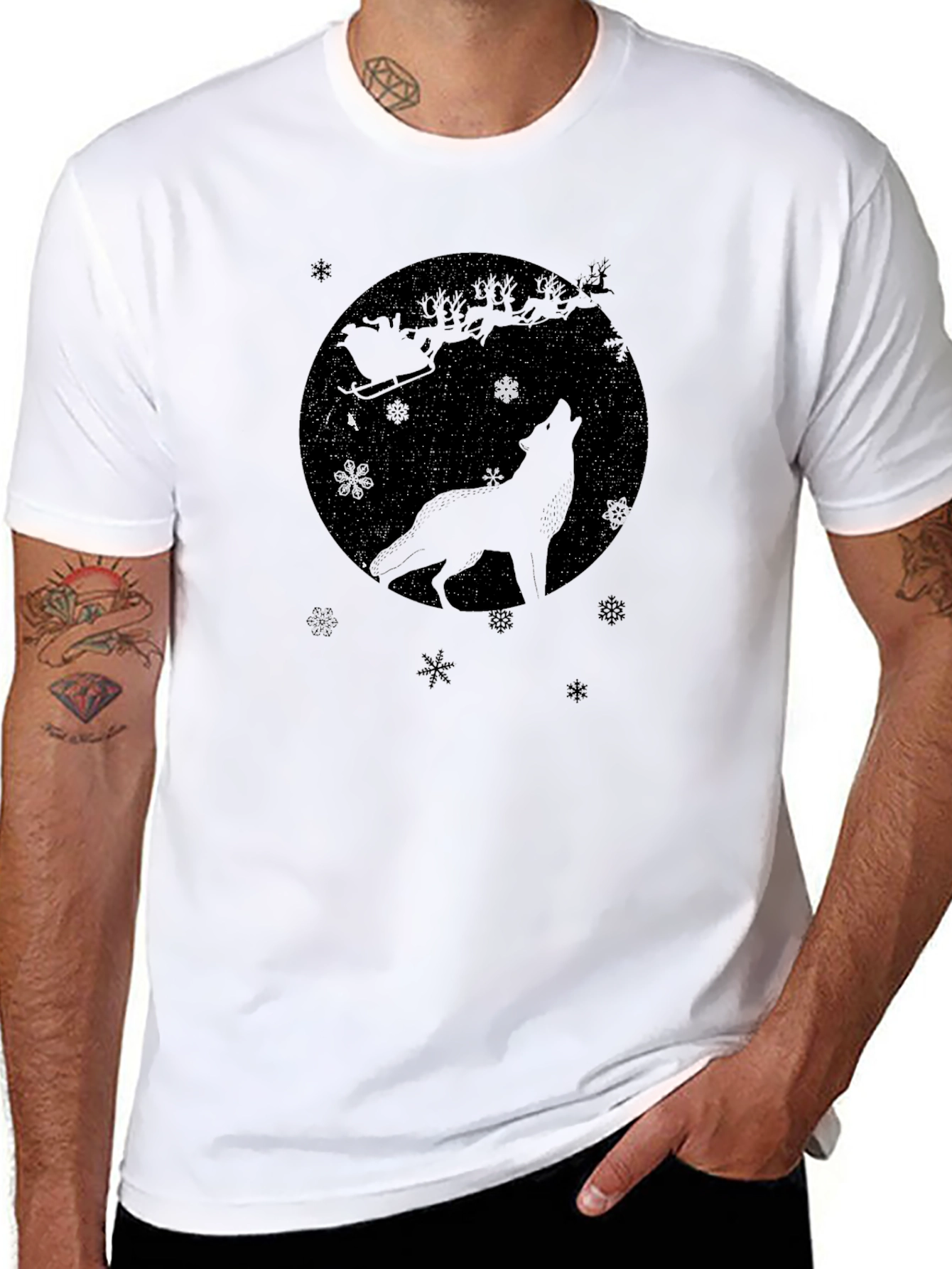 Black Wolf Howling Santa's Sleigh Black T-Shirt view 8
