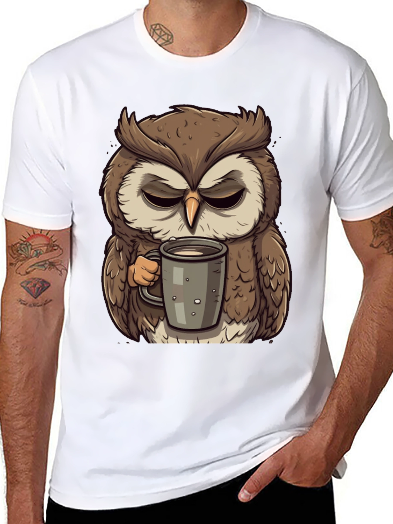 Black Grumpy Owl Coffee T-Shirt - Cute Cartoon Tee view 8