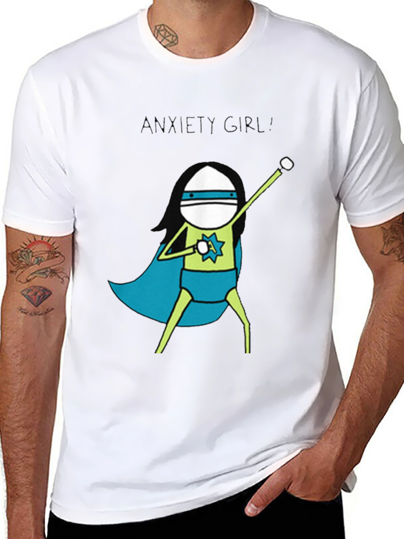Black Anxiety Girl T-Shirt - Super Hero Graphic Tee view 8