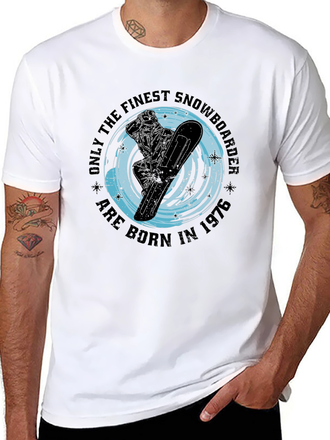 Black Finest Snowboarder Born in 1976 Black T-Shirt view 8