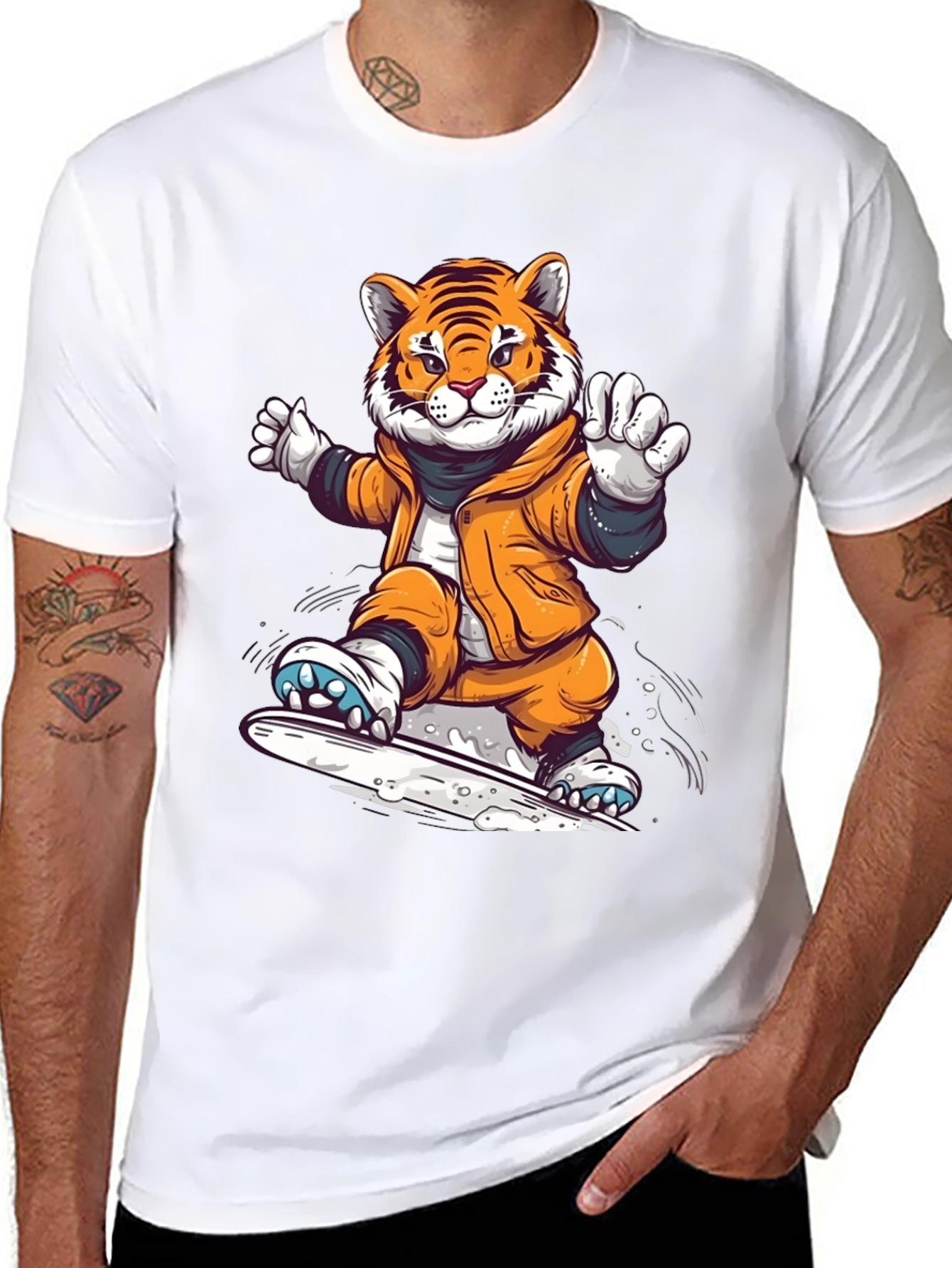 Black Cool Tiger Snowboarding Black T-Shirt view 8