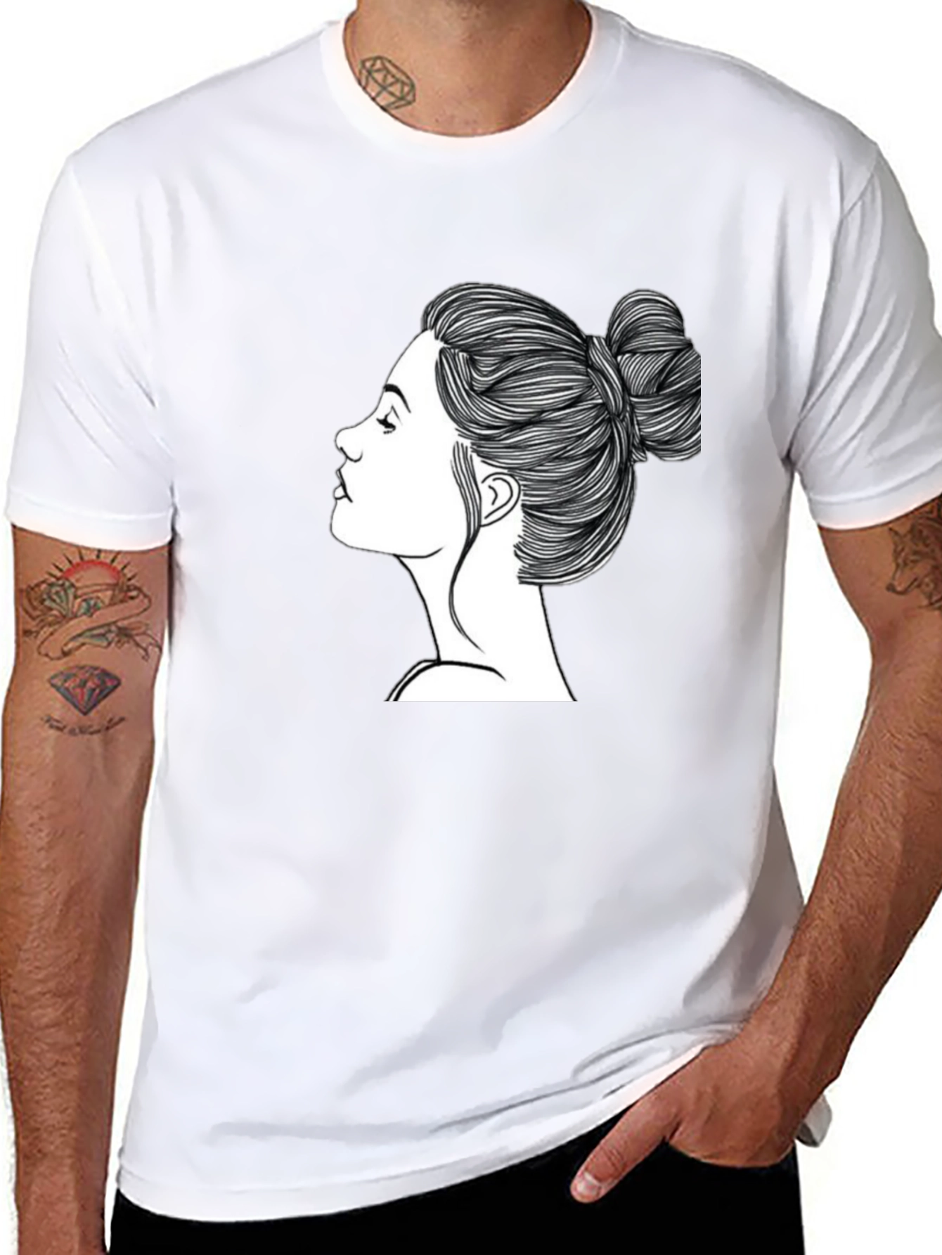 Black Black T-Shirt with Woman's Hair Bun Design view 8