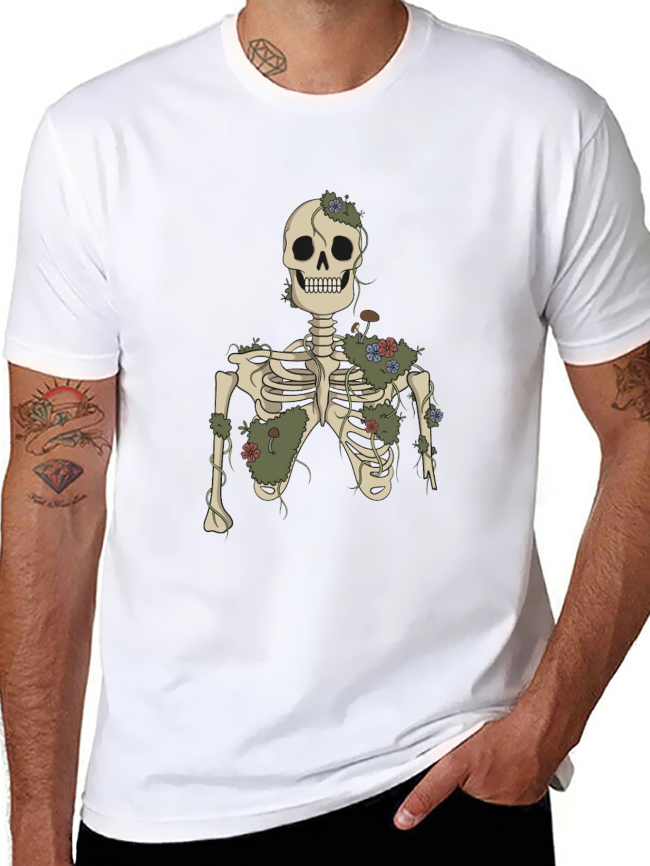Black Floral Skeleton Graphic Tee - Black Cotton view 8