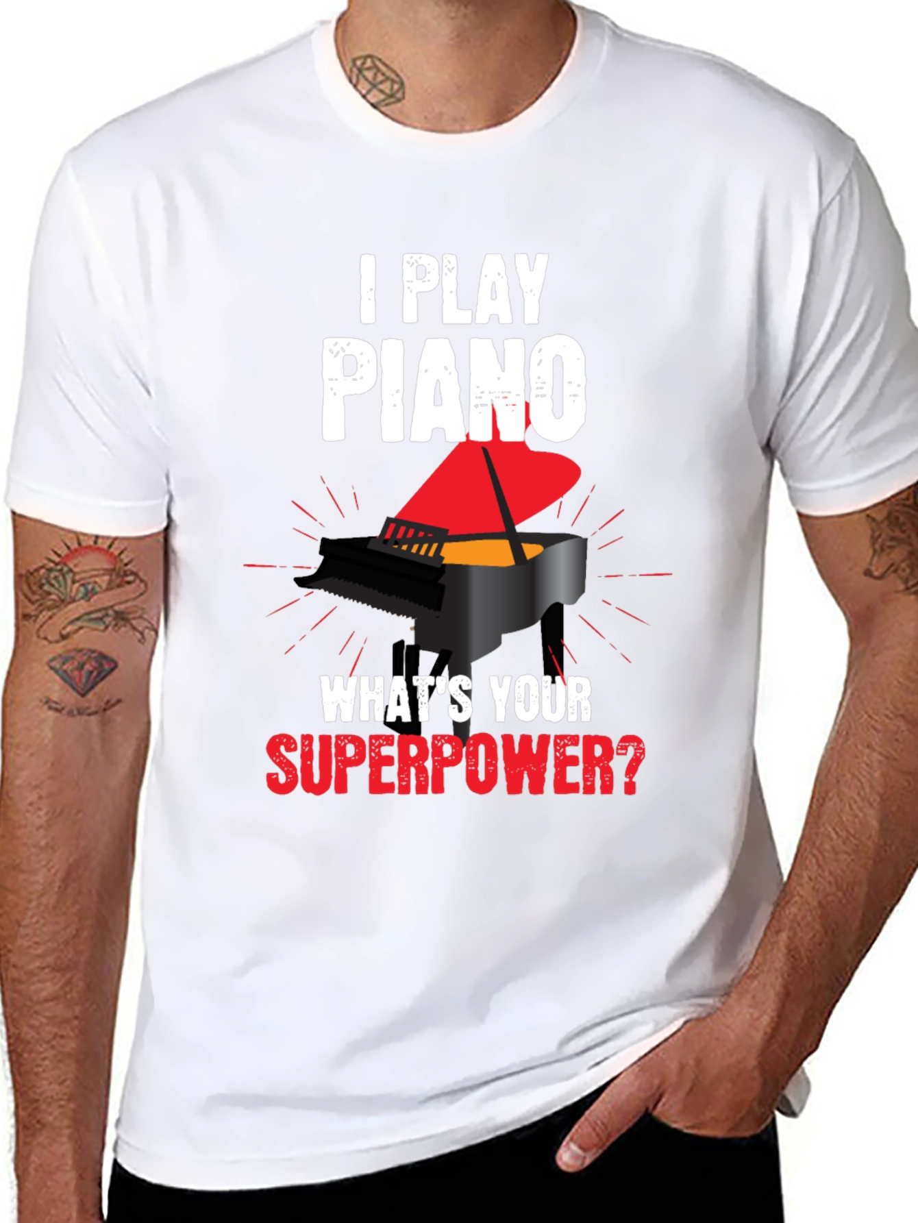 Black I Play Piano Superpower Graphic T-Shirt view 8