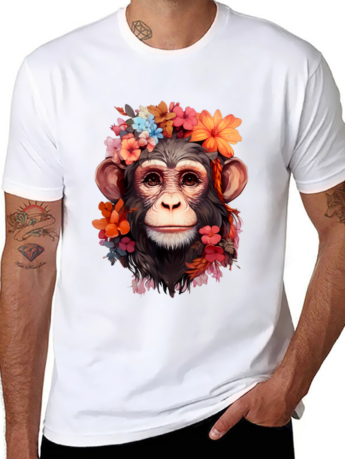 Black Floral Monkey T-Shirt - Unique Graphic Tee view 8