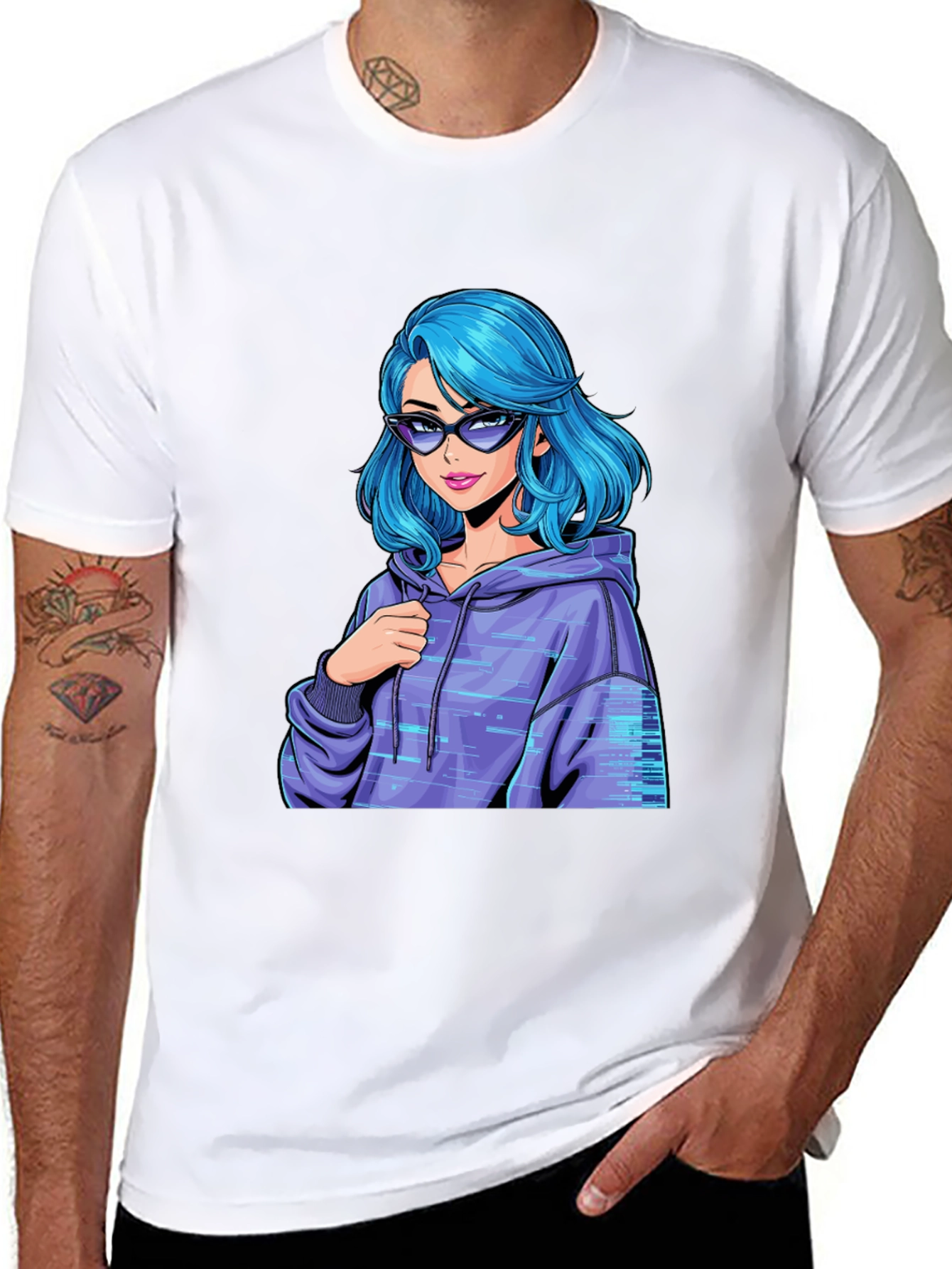 Stylish Black T-Shirt with Blue Anime Girl Design - 8
