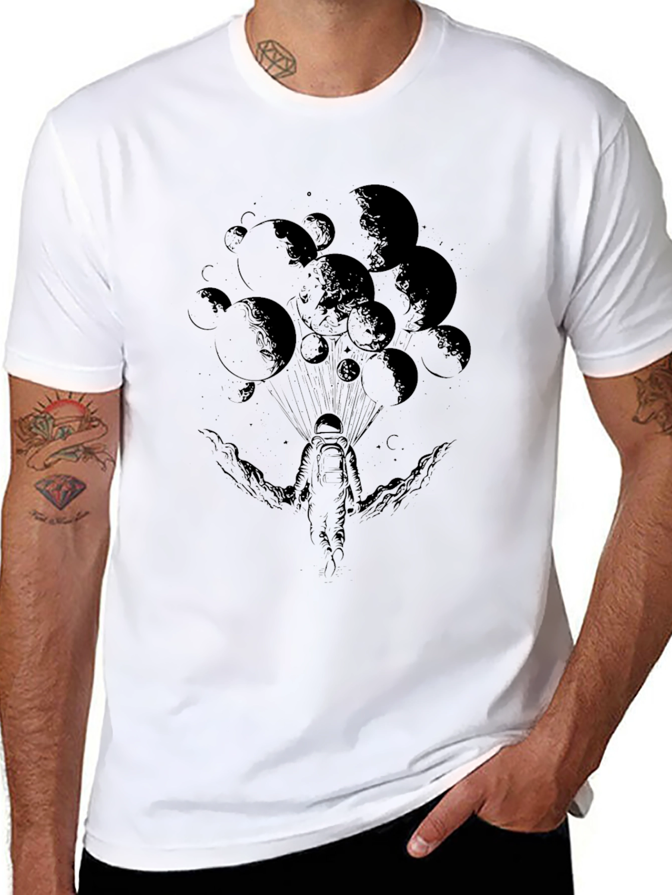 Black Astronaut Moon Graphic Tee - Black Cotton T-Shirt view 8