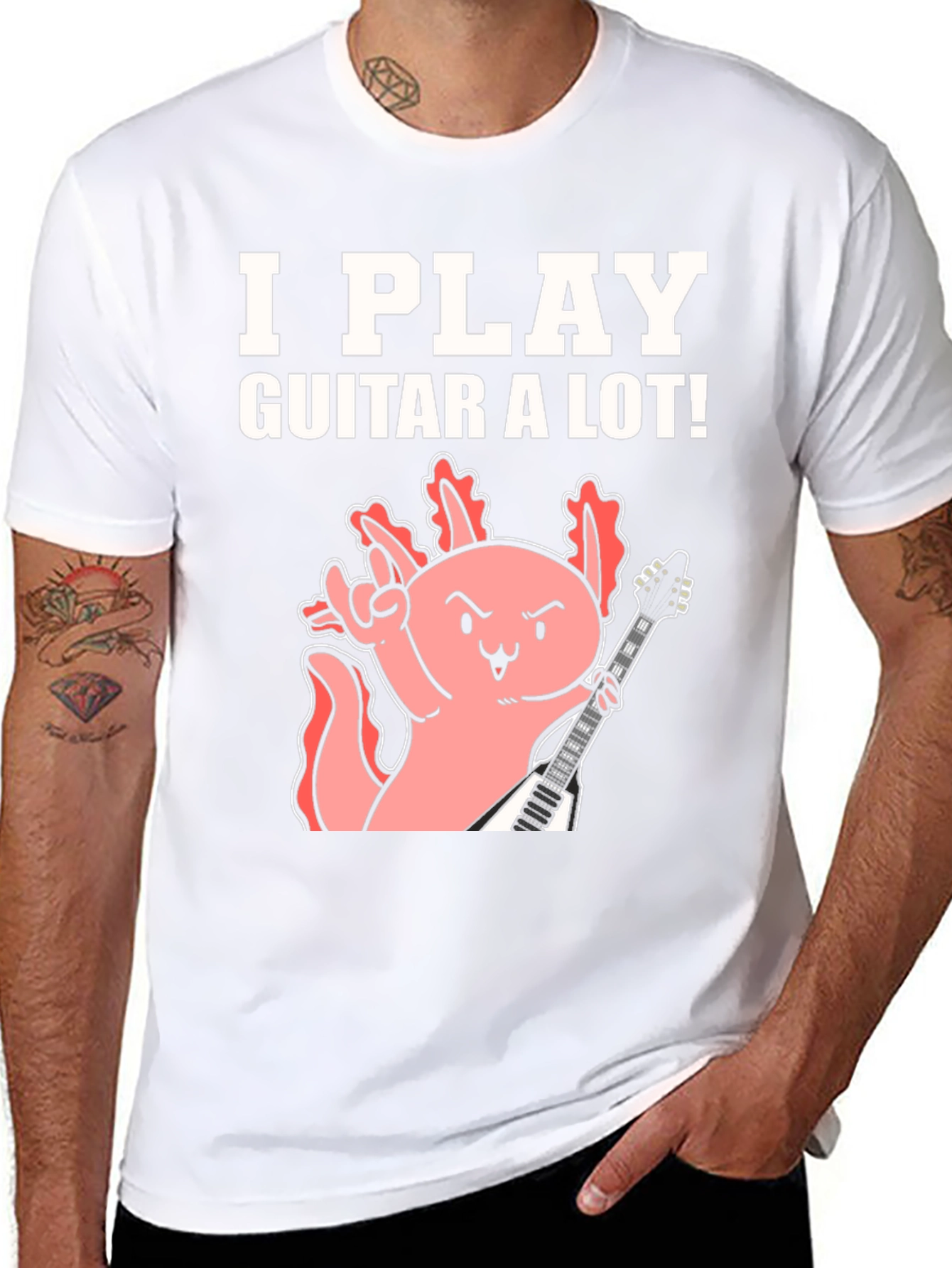 Black I Play Guitar A Lot! Axolotl Musician Graphic Tee view 8