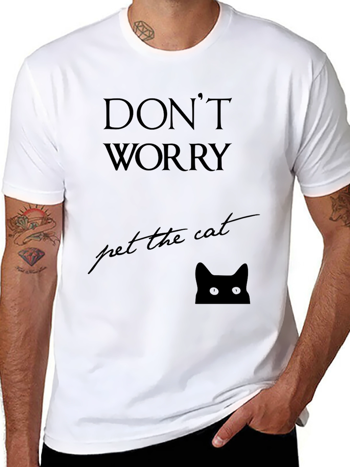 Black Don't Worry Pet the Cat Black T-Shirt view 8