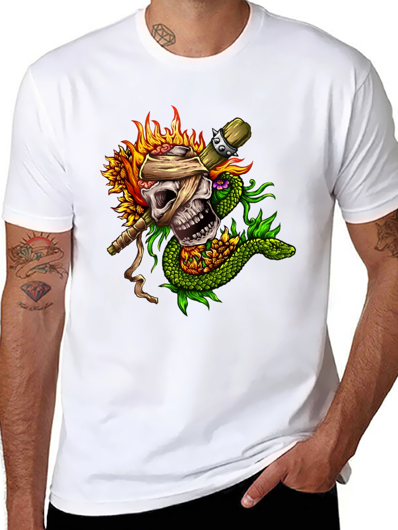 Black Skull & Snake Graphic Tee - Unique Tattoo Style view 8