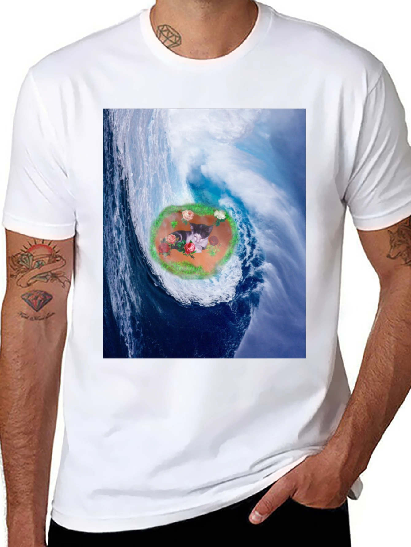 Black Wave Kitty T-Shirt: Black Cotton Blend view 8