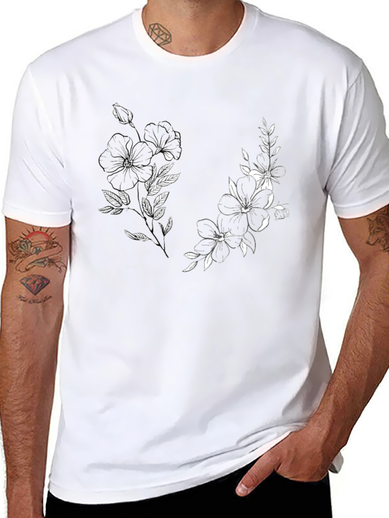 Black Floral Graphic Black Tee - Stylish & Unique view 8
