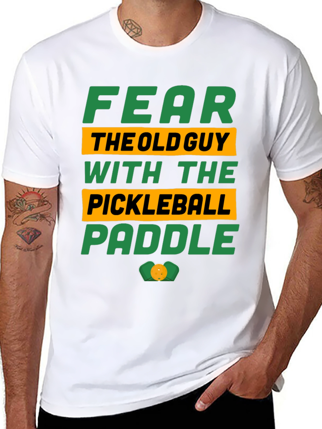 Black Fear the Old Guy Pickleball Paddle T-Shirt view 8