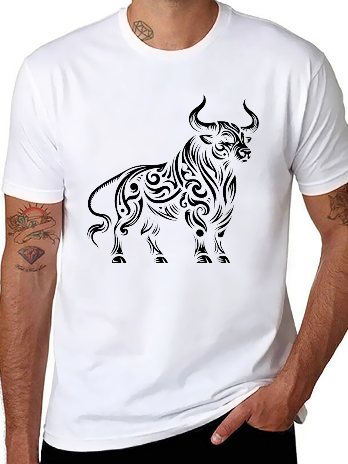 Black Men's Black Bull Graphic Tee - Tribal Art Style view 8
