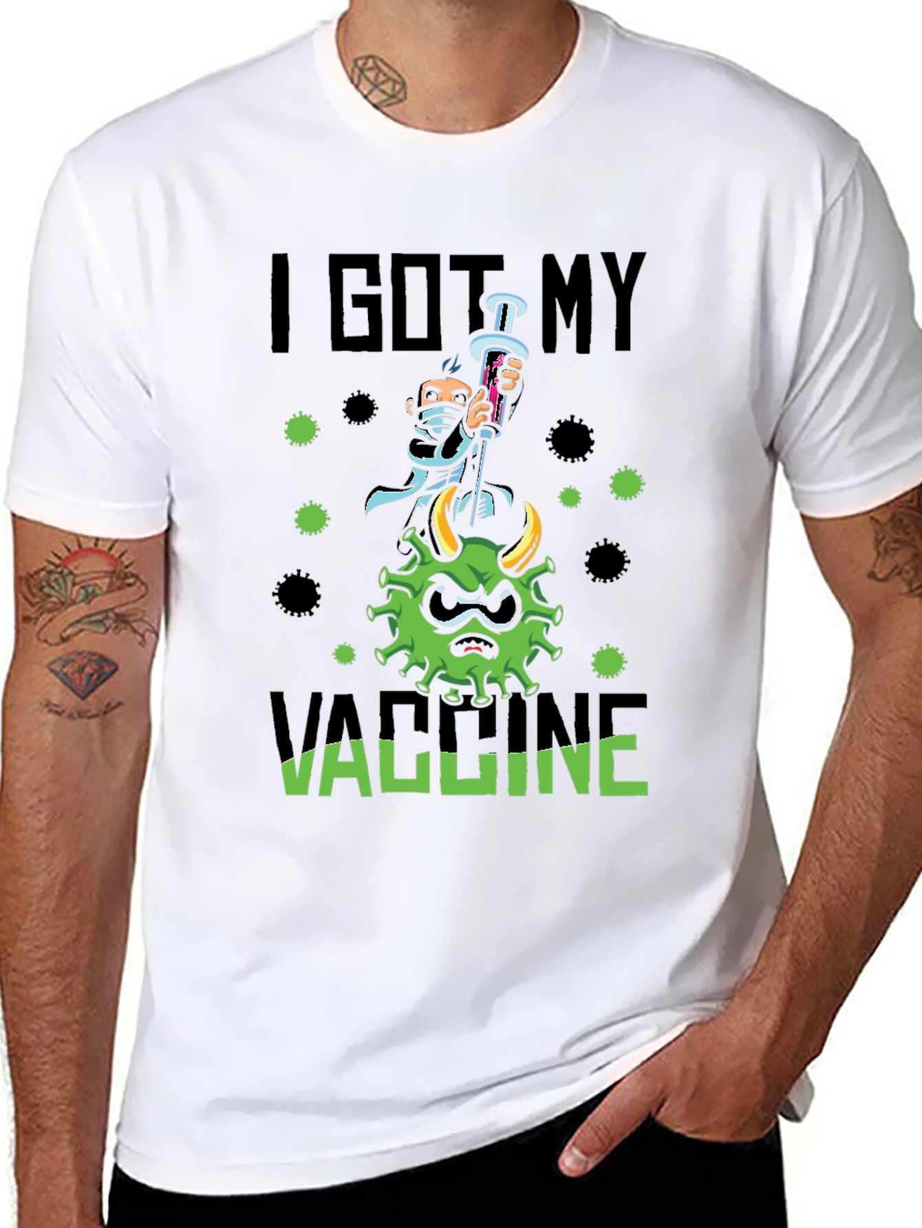 Black I Got My Vaccine T-Shirt - Funny Cartoon Virus Graphic view 8