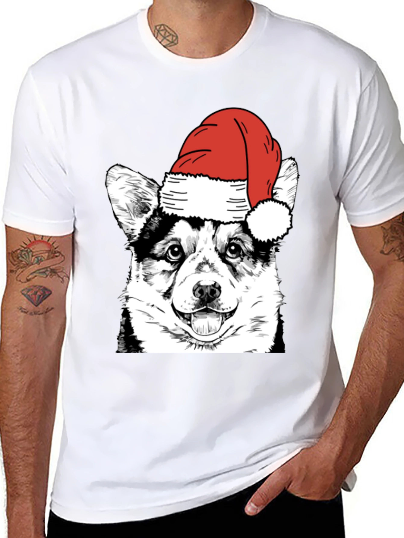 Black Festive Corgi Santa Hat Black T-Shirt view 8