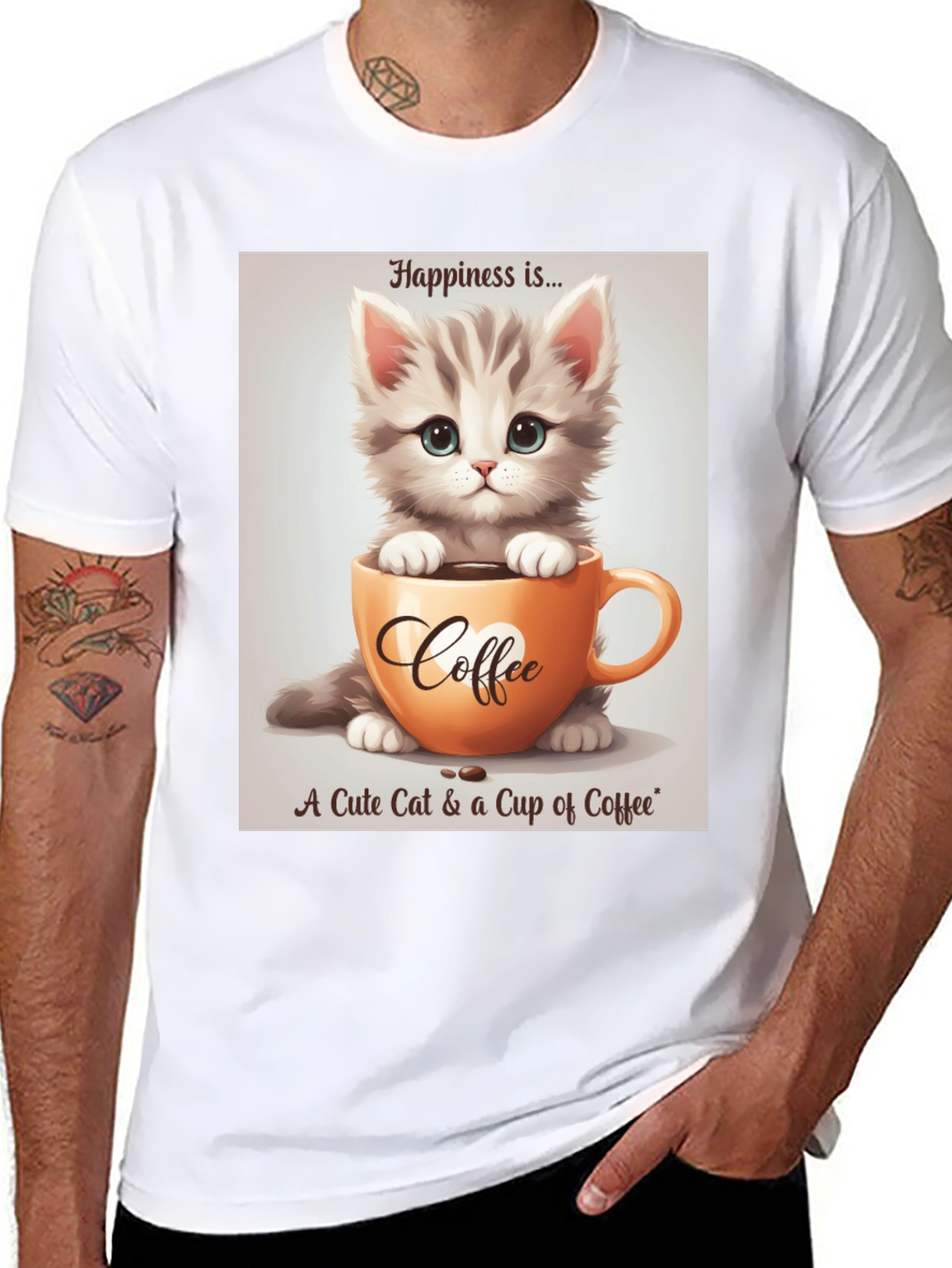 Black Cute Kitten and Coffee T-Shirt - Happiness Is... view 8