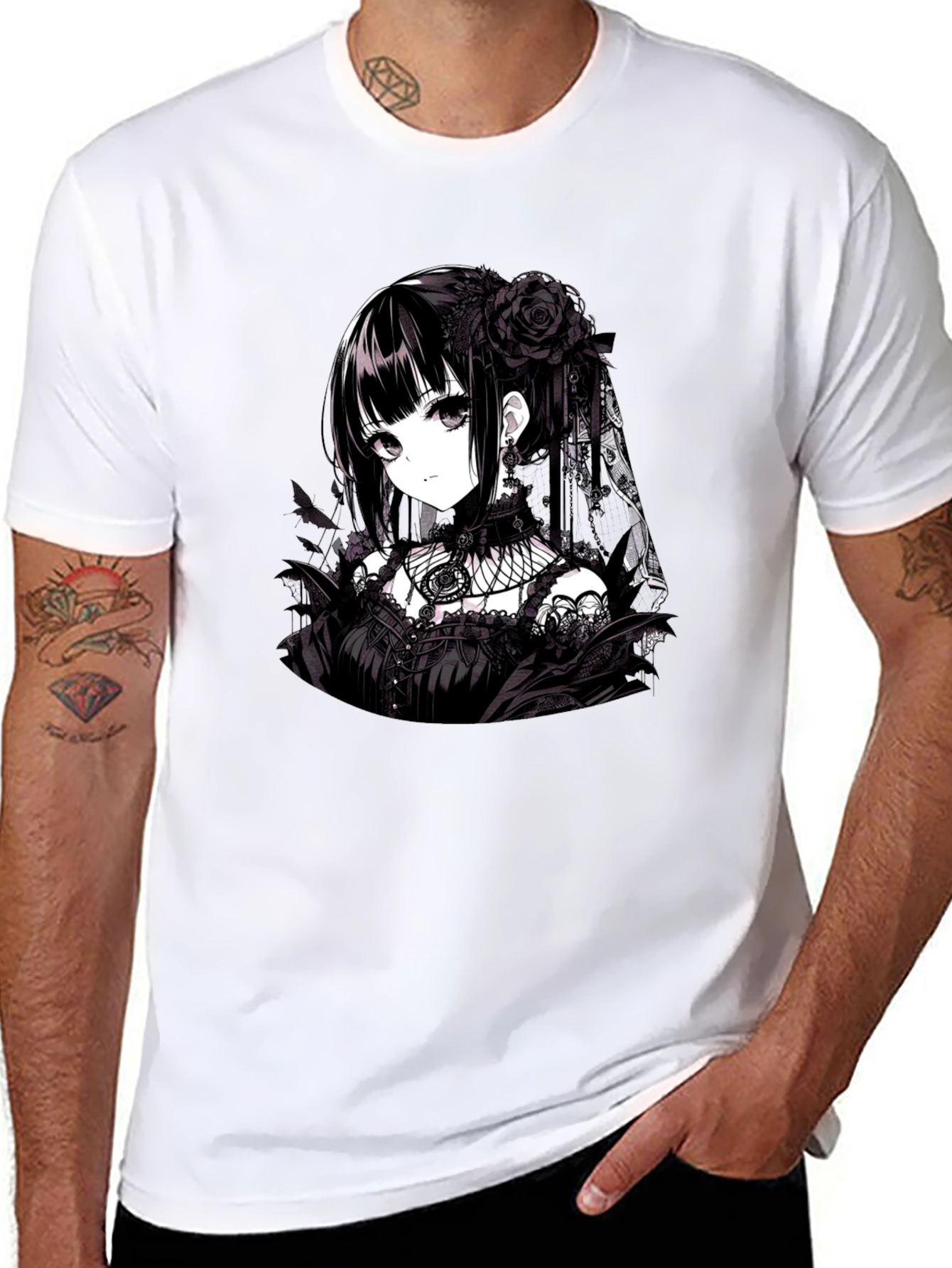 Black Gothic Anime Girl T-Shirt - Black view 8