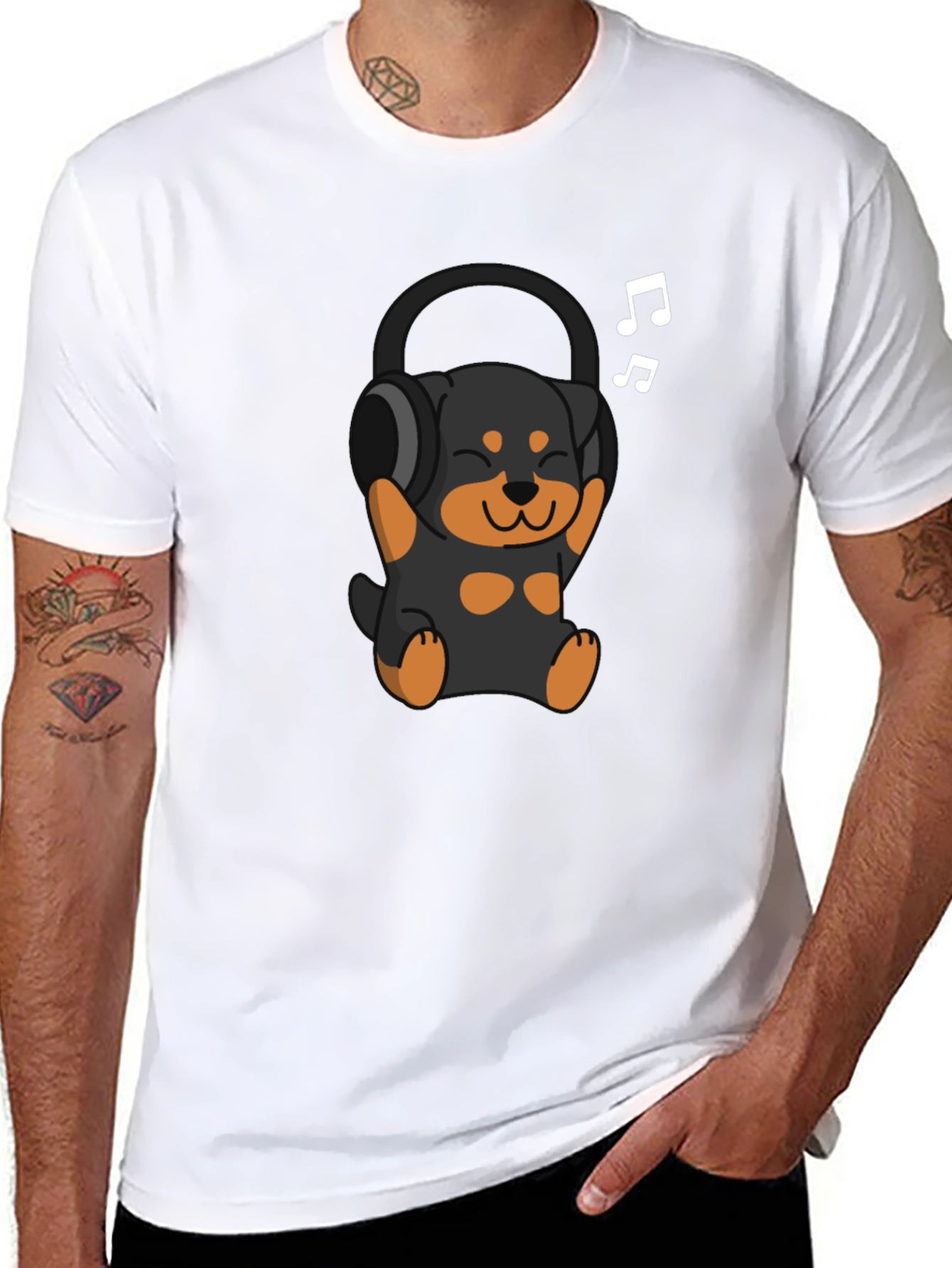 Black Rottweiler Puppy Headphones Black T-Shirt view 8