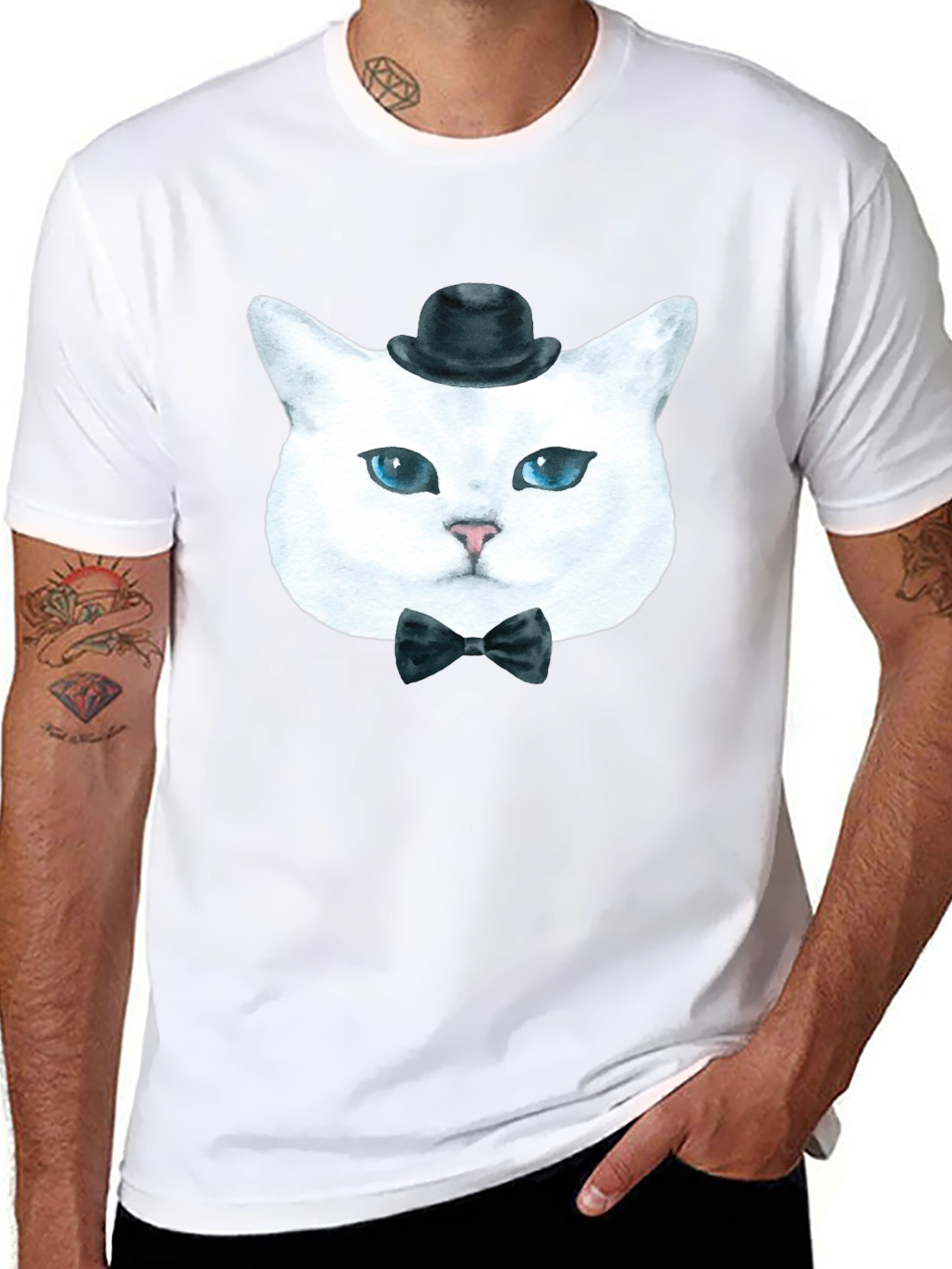 Black Dapper Cat T-Shirt: Classy Feline in Bow Tie & Hat view 8