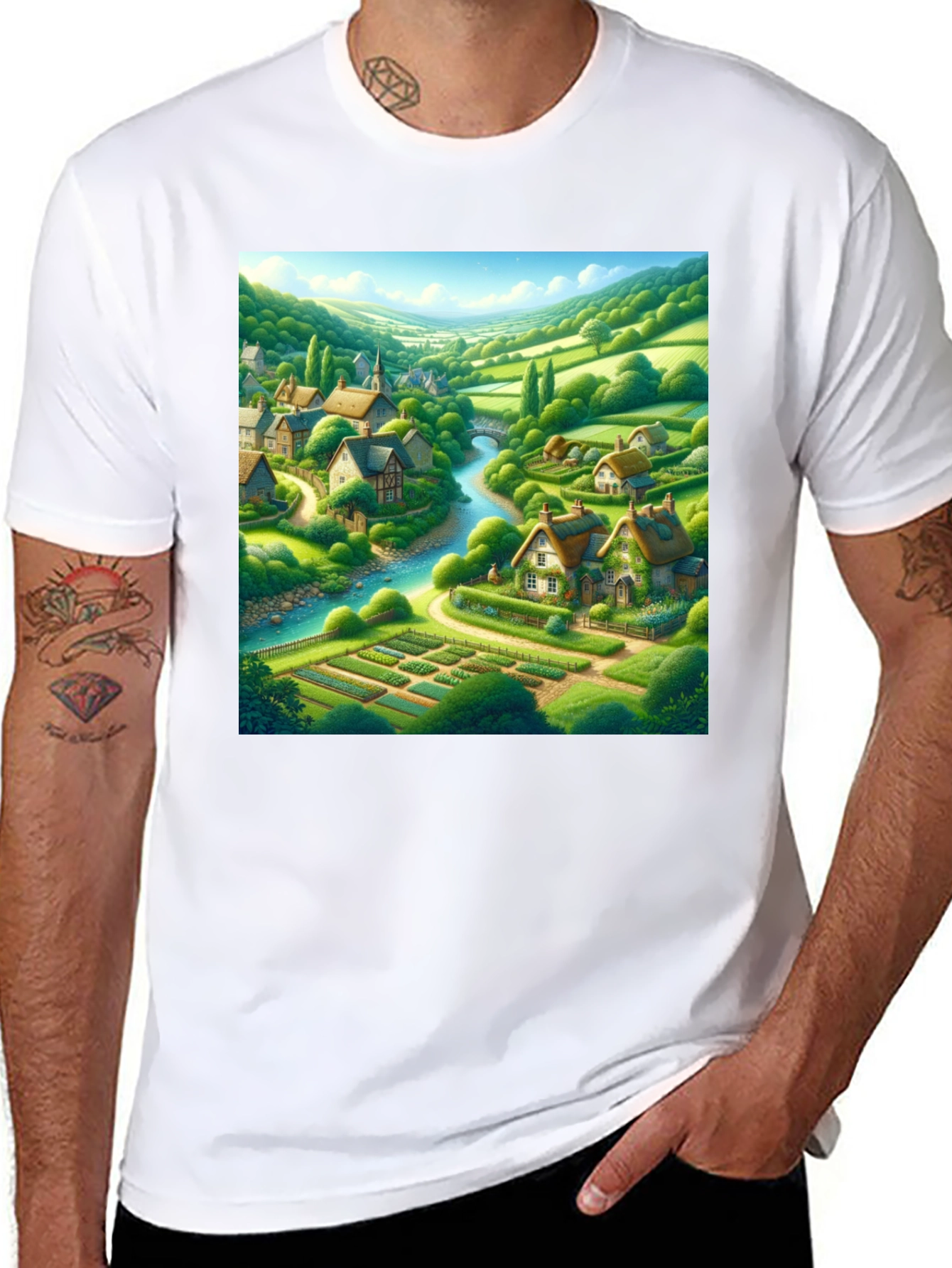 Black Quaint Village T-Shirt - Scenic Landscape Tee view 8