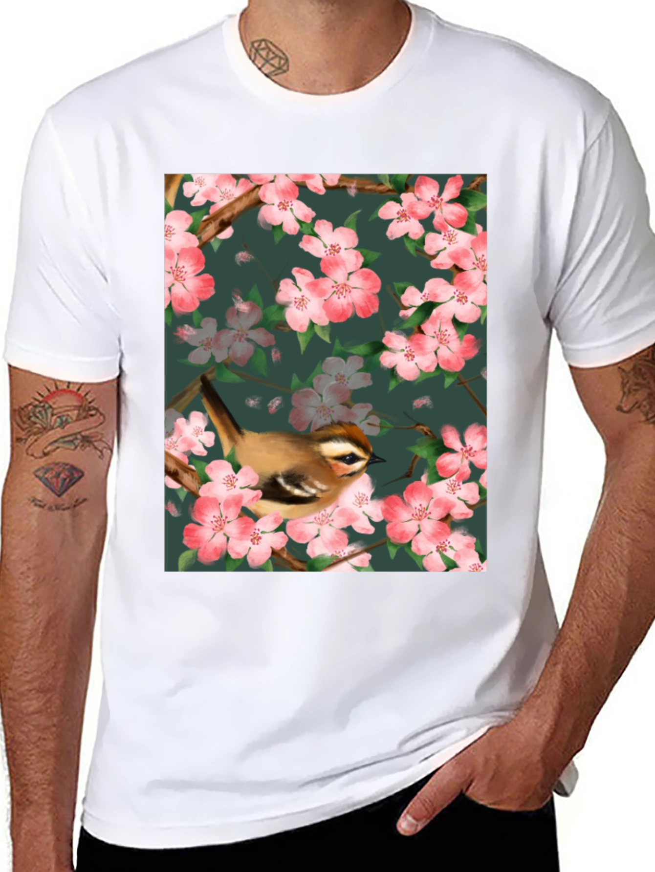 Black Bird & Blossom Graphic Tee - Nature Lover's Shirt view 8