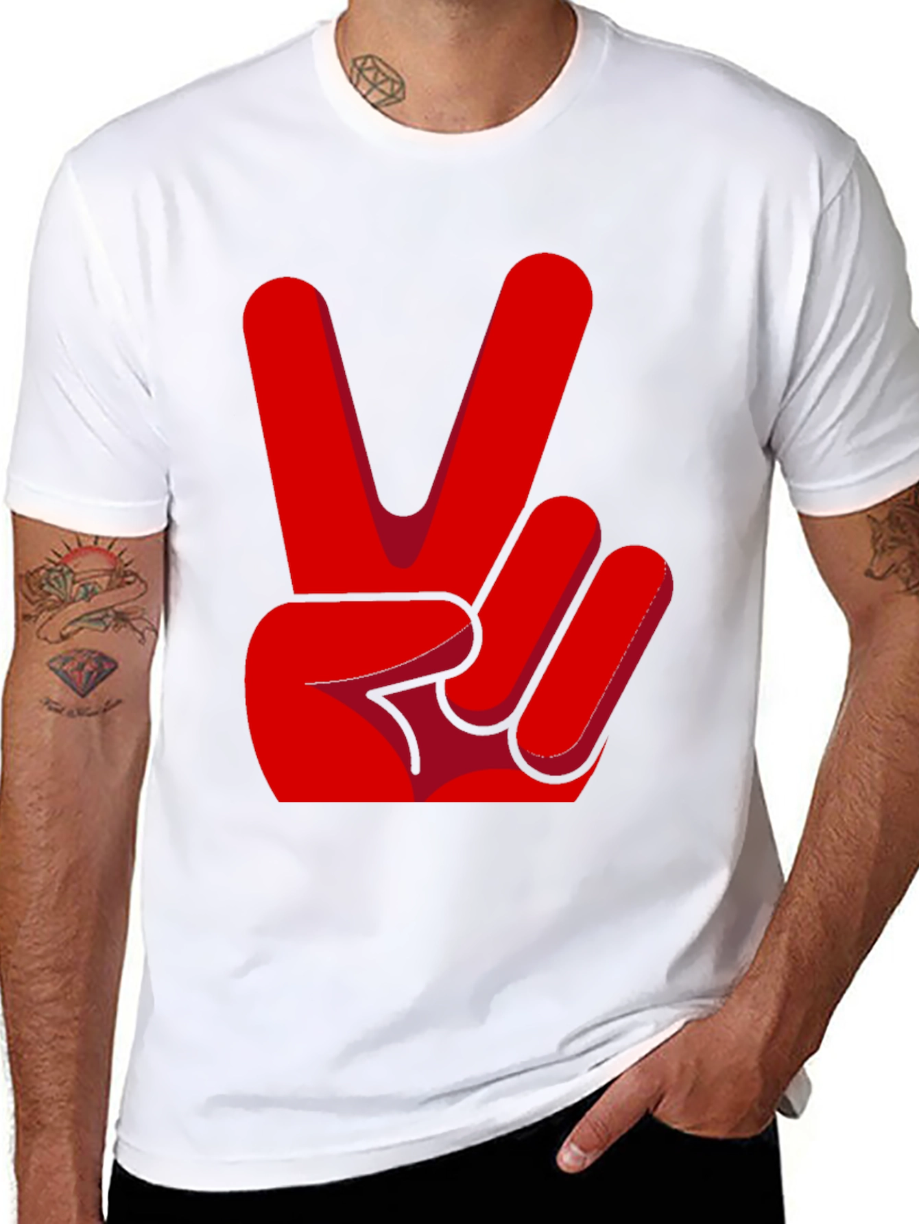Black Peace Sign T-Shirt - Red Hand Gesture Design view 8
