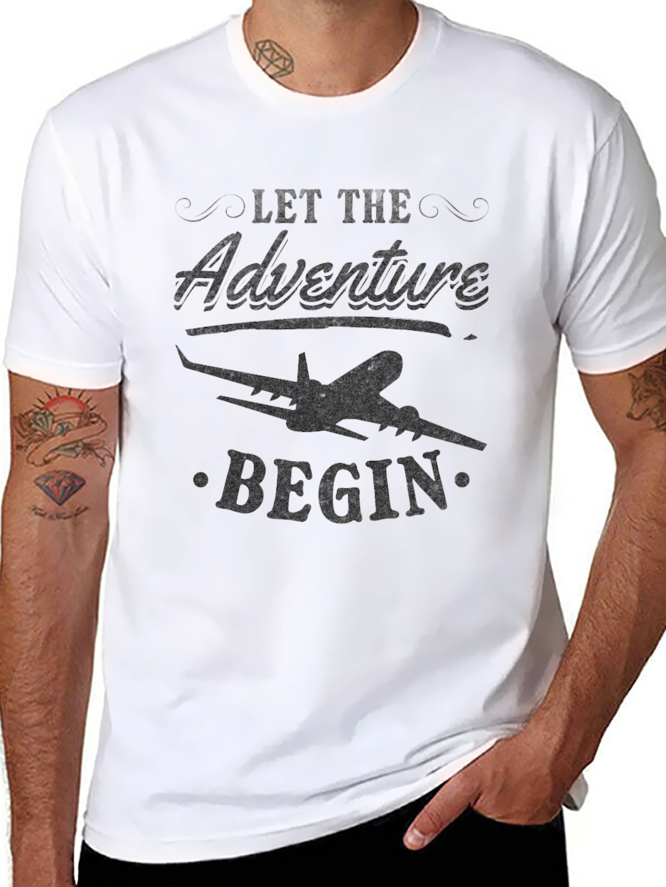 Black Adventure Begins Tee - Airplane Graphic Black T-Shirt view 8