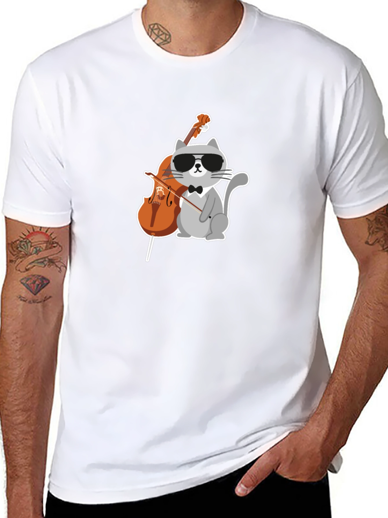 Black Cool Cat Cello Player Graphic Tee view 8
