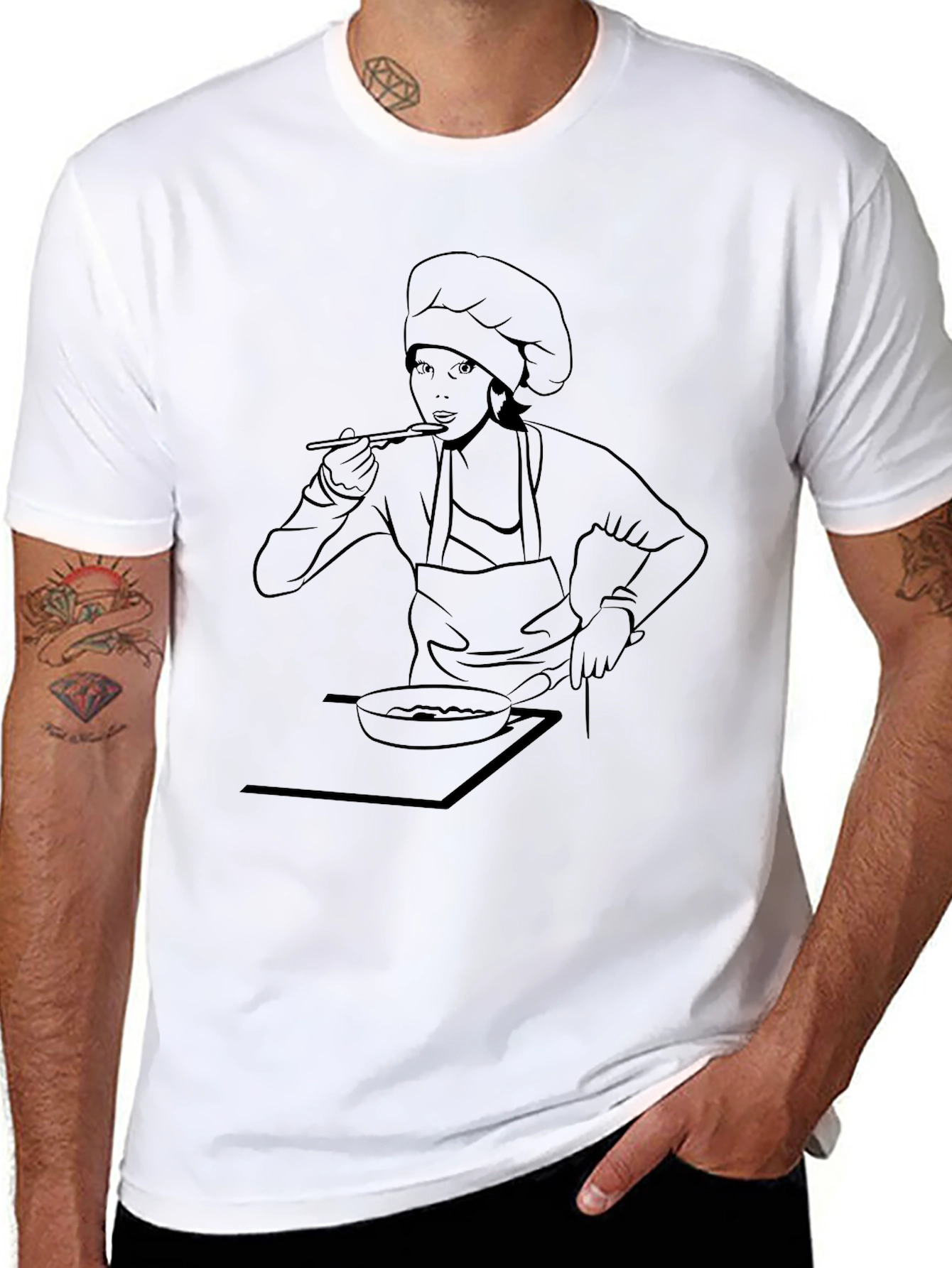 Black Chef Woman Line Art Graphic Tee - Black view 8