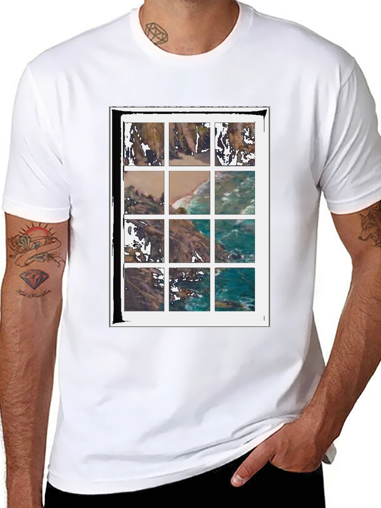 Black Coastal View Grid Print Black T-Shirt view 8