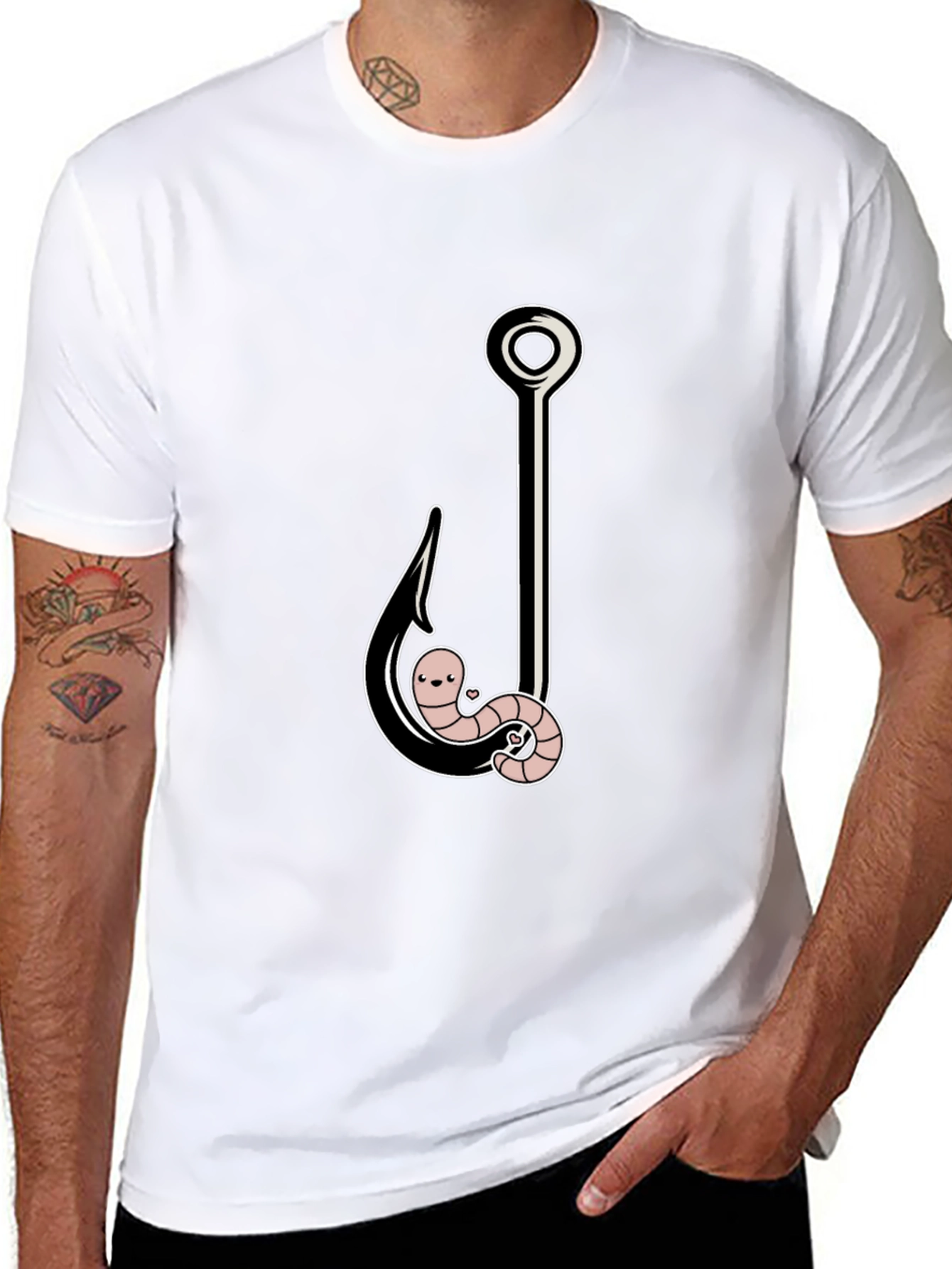 Black Funny Worm On A Hook Black T-Shirt view 8