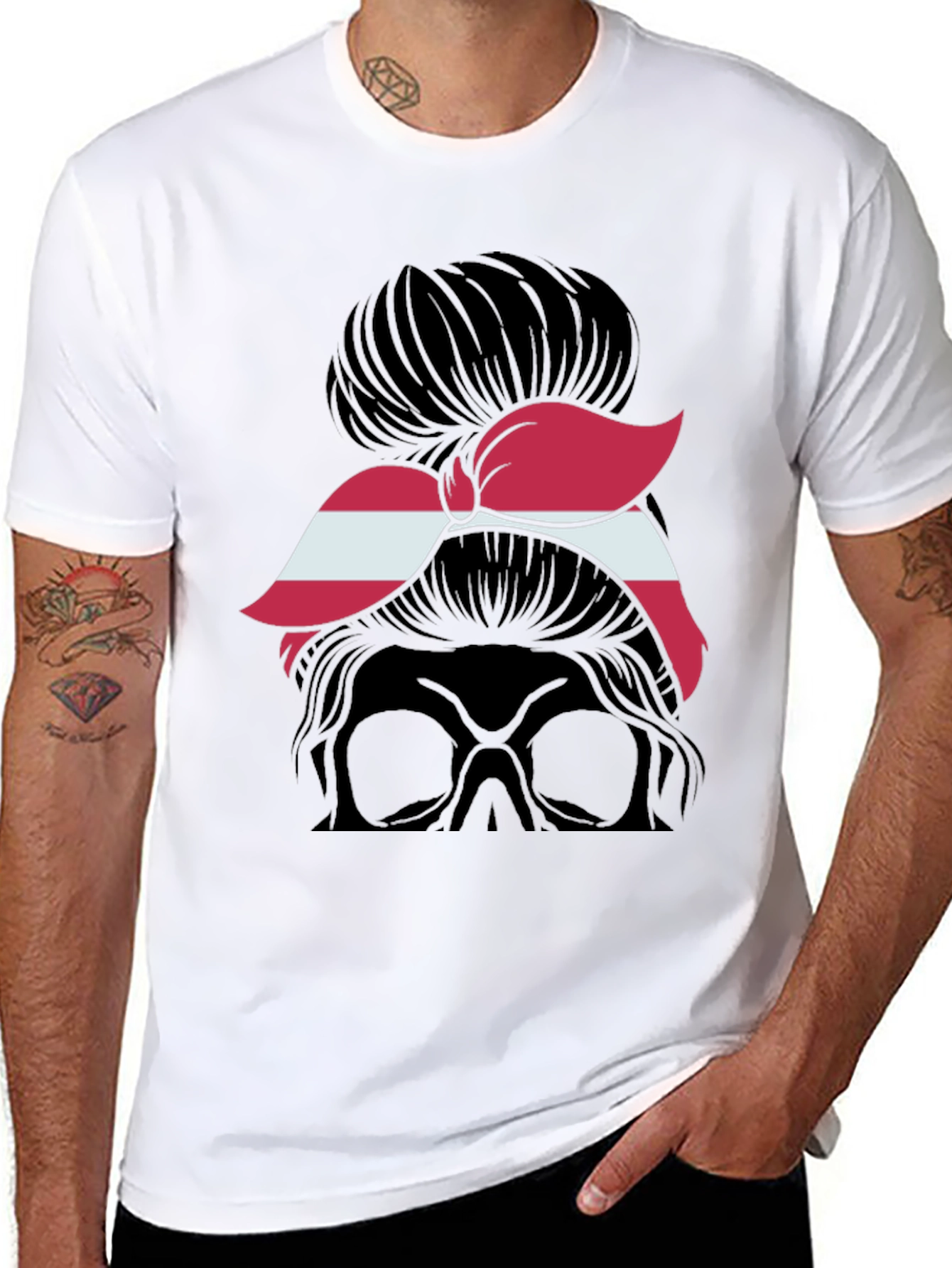 Black Messy Bun Skull Latvia Flag T-Shirt view 8