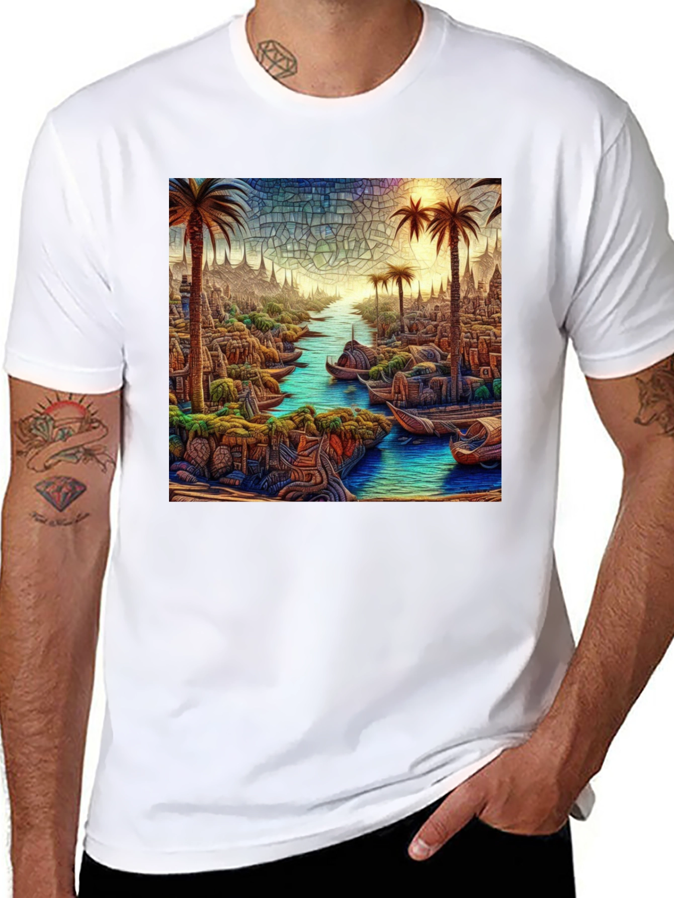 Black Tropical Mosaic Art Tee - Men's Black T-Shirt view 8