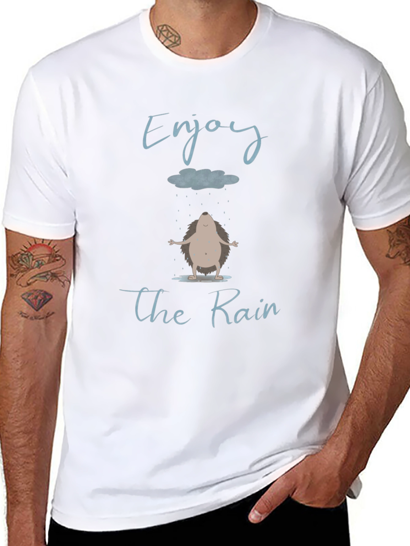 Black Enjoy the Rain T-Shirt - Hedgehog Design view 8