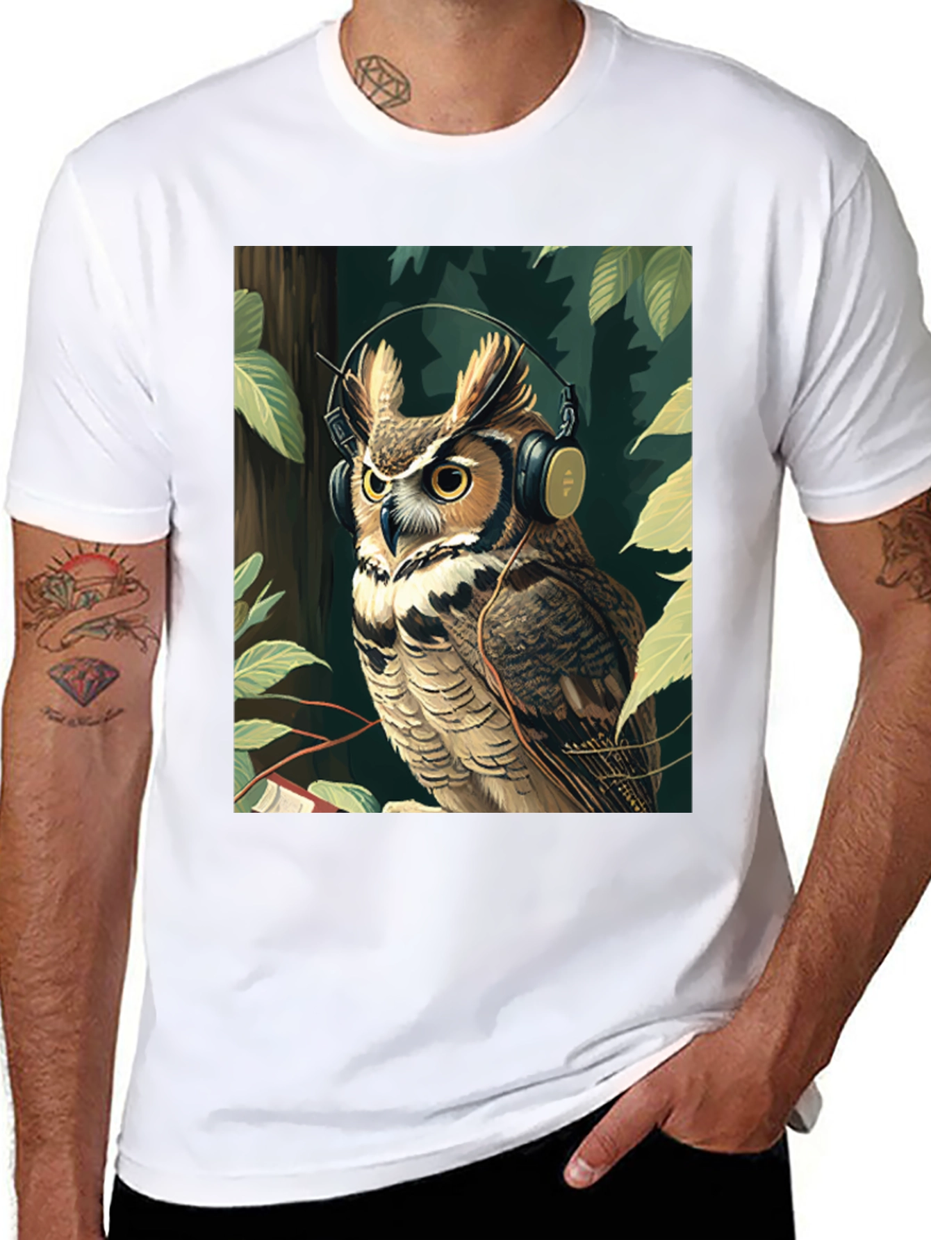 Black Owl with Headphones Graphic Tee - Stylish & Unique view 8