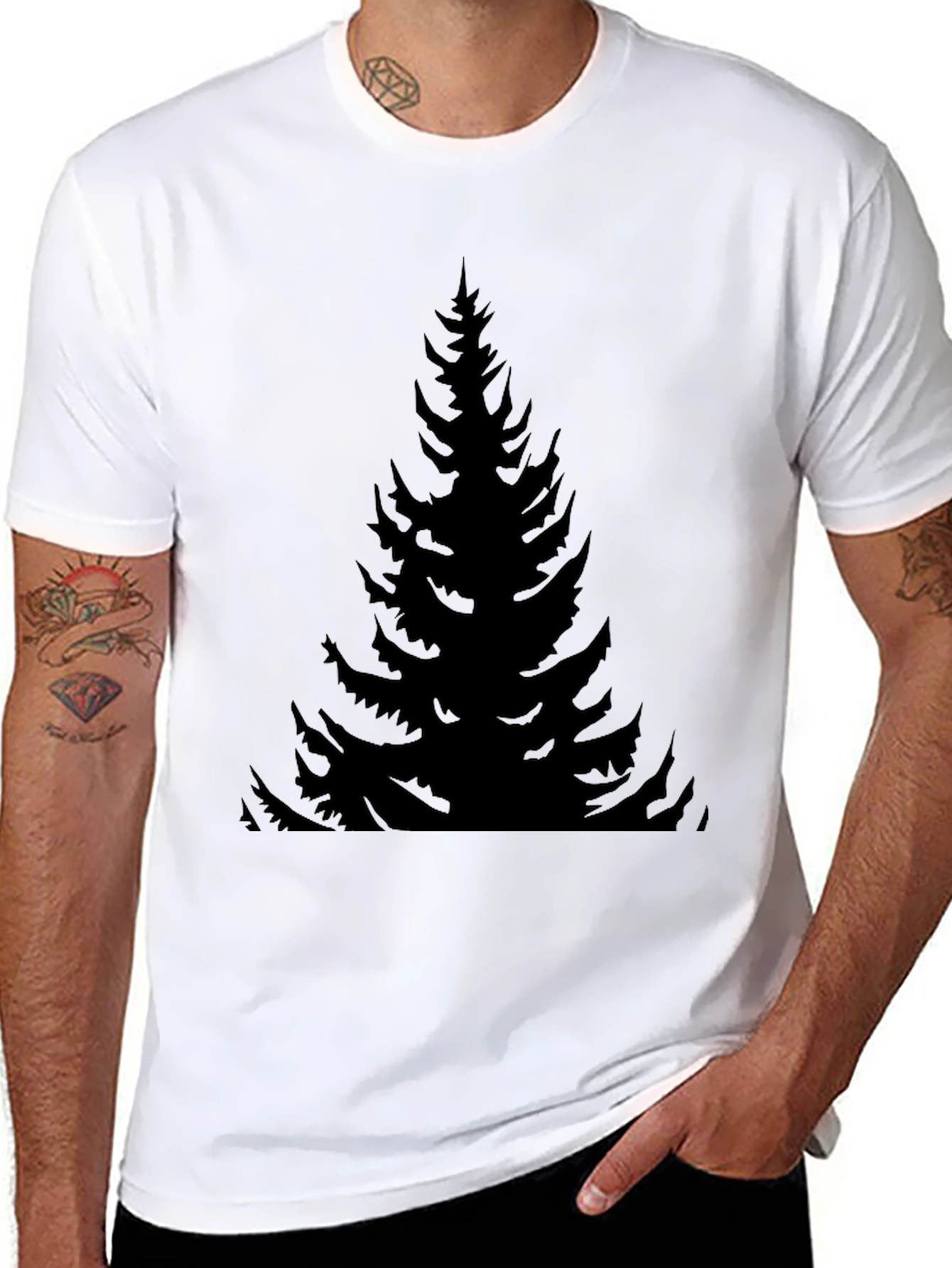 Black Men's Black Pine Tree Graphic T-Shirt view 8