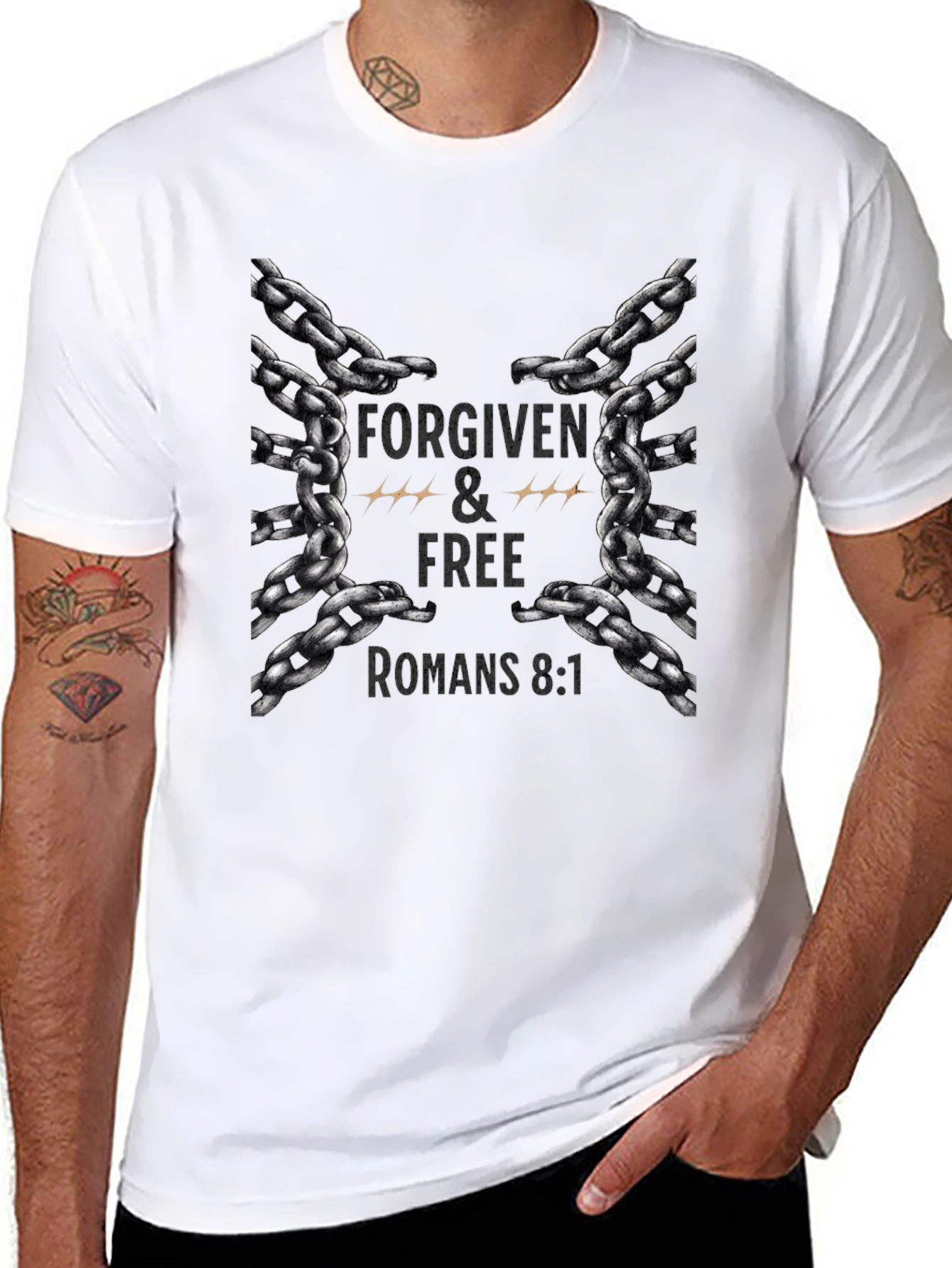 Black Forgiven & Free Chain Graphic Tee - Romans 8:1 view 8