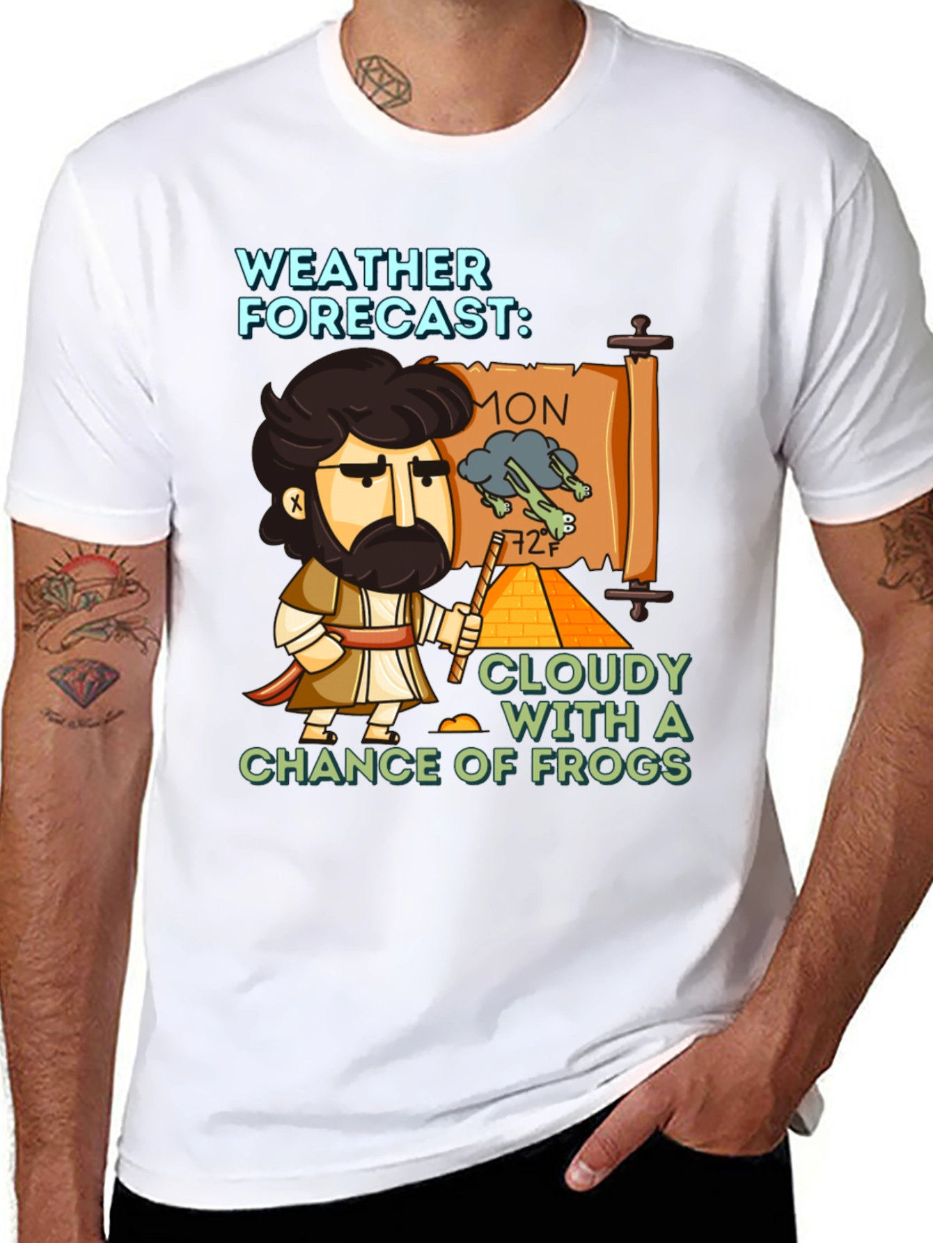 Black Funny Weather Forecast Cloudy Chance of Frogs T-Shirt view 8