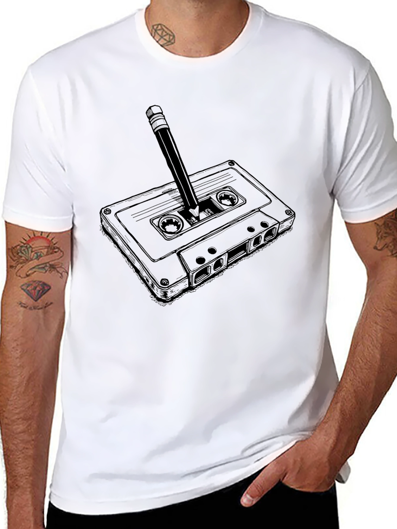 Black Retro Cassette Tape & Pencil Graphic T-Shirt view 8