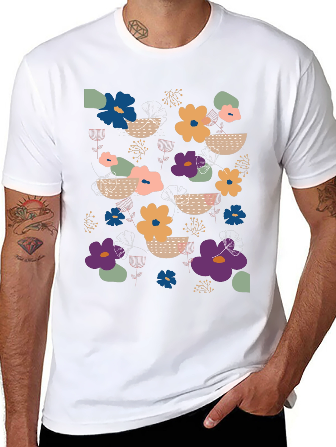 Black Floral Print Men's Black T-Shirt view 8