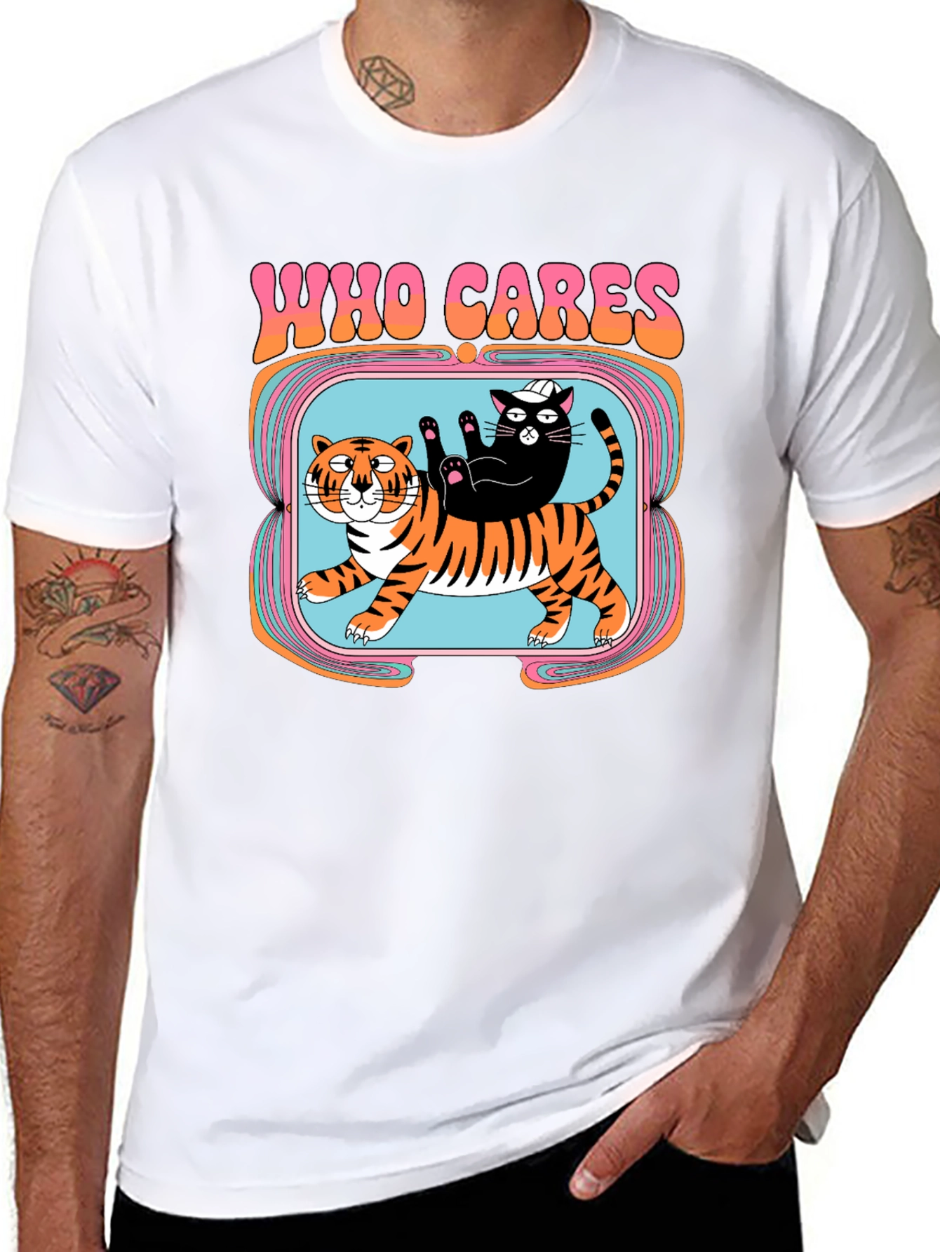 Black Who Cares Cat & Tiger Graphic Tee - Black view 8